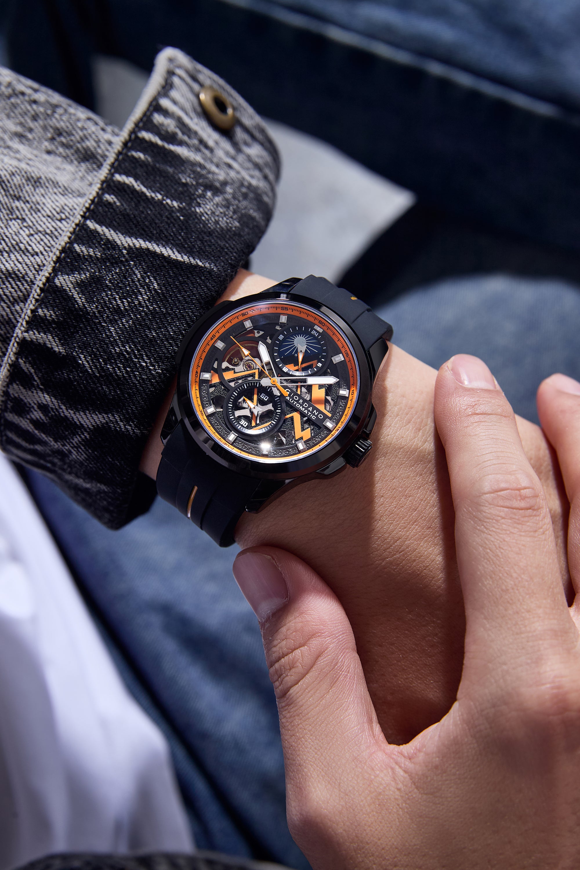 Giordano Automatic Mechanical Skeleton Watch for Men with Black Round Dial, 24-Hour Display, Luminous Hands and Baton Hour Markers and Black Silicone Strap - GZ-50235-01