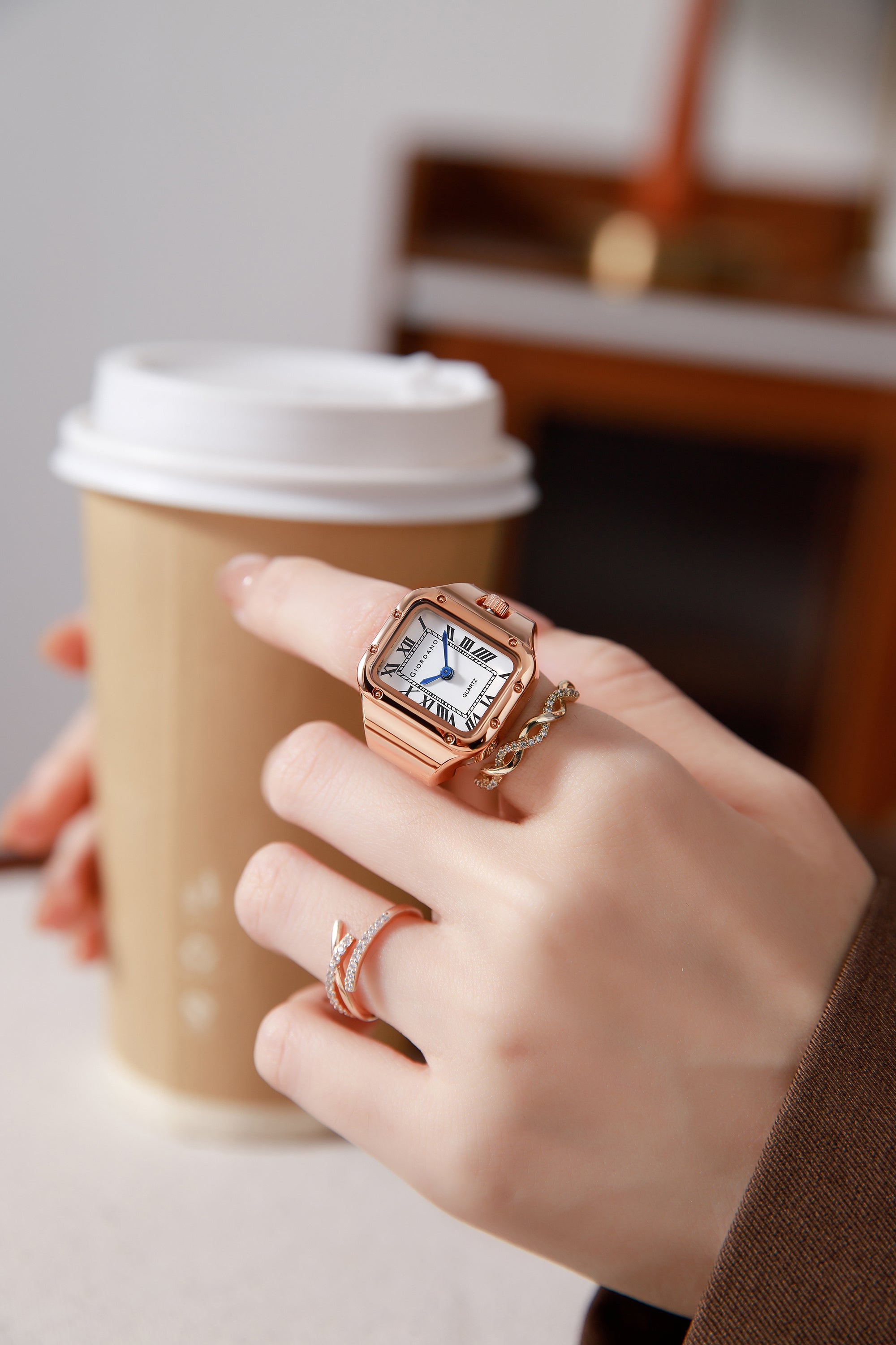 Giordano Analog Ring Watch for Women with Rectangular White Dial, Roman Numeral Markers, Blue Hands, Quartz Movement and Rose Gold-Tone Stainless Steel Case - GZ-60186-22