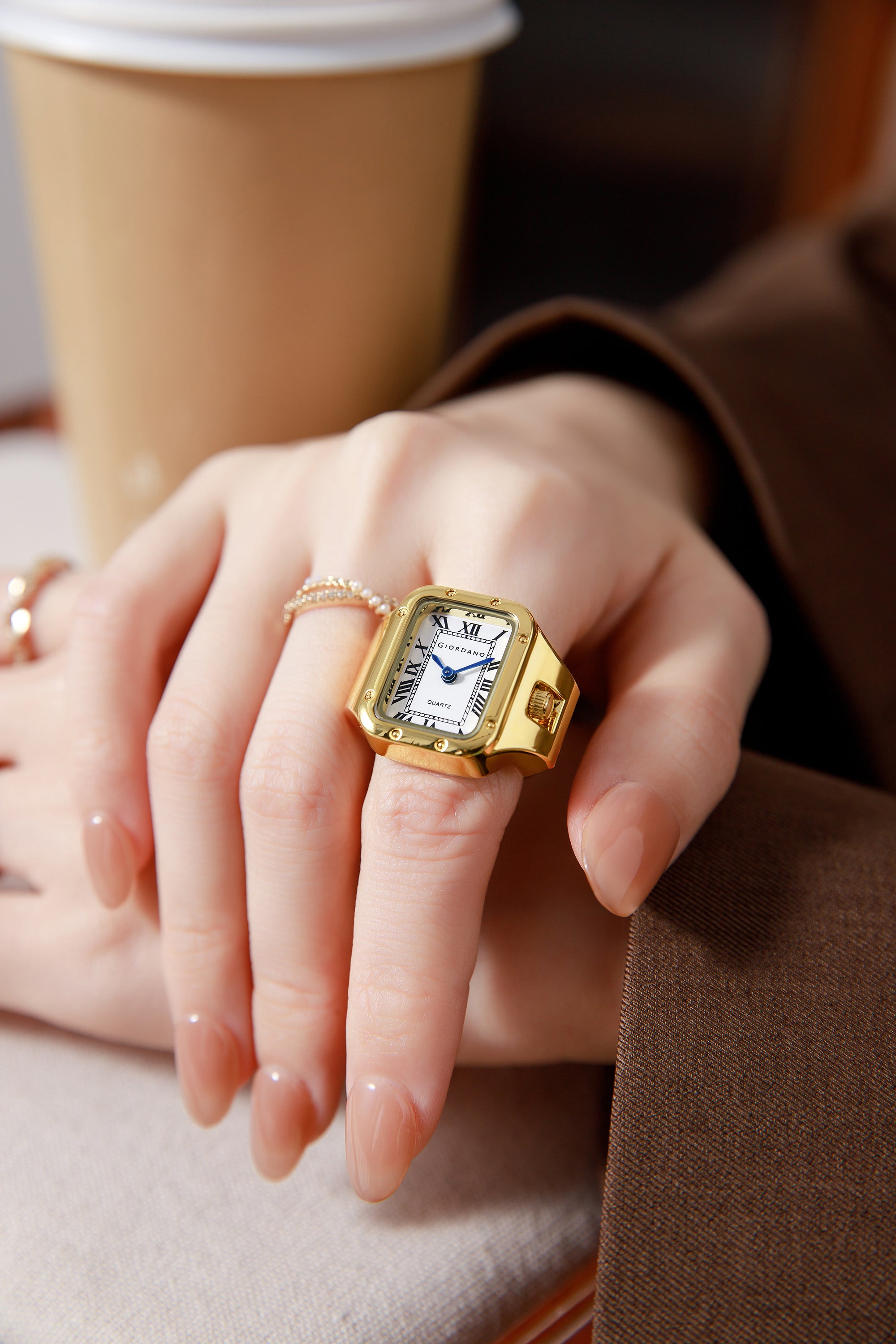 Giordano Analog Ring Watch for Women with Rectangular White Dial, Roman Numeral Markers, Blue Hands, Quartz Movement and Gold-Tone Stainless Steel Case - GZ-60186-11