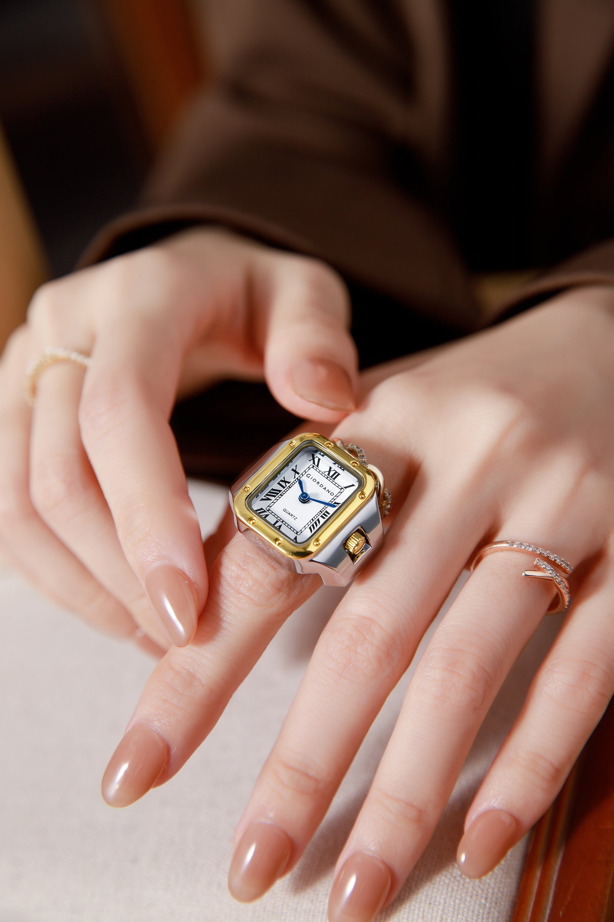 Giordano Analog Ring Watch for Women with Rectangular White Dial, Roman Numeral Markers, Blue Hands, Quartz Movement and Two-Tone Stainless Steel Case - GZ-60186-33