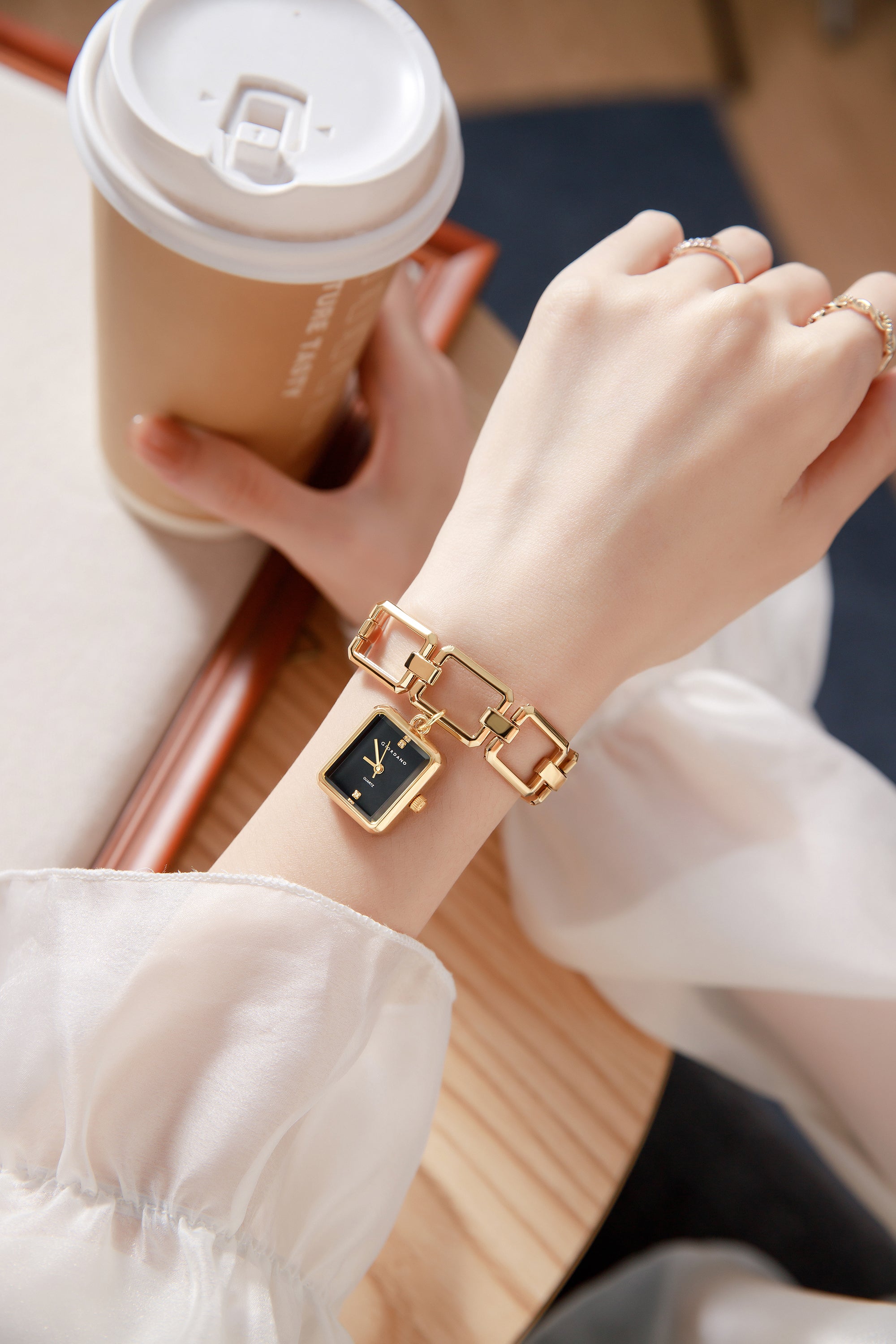 Giordano Analog Bracelet Watch for Women with Square Black Dial, Crystal Hour Markers, Quartz Movement and Gold-Tone Link Bracelet - GZ-60187-11