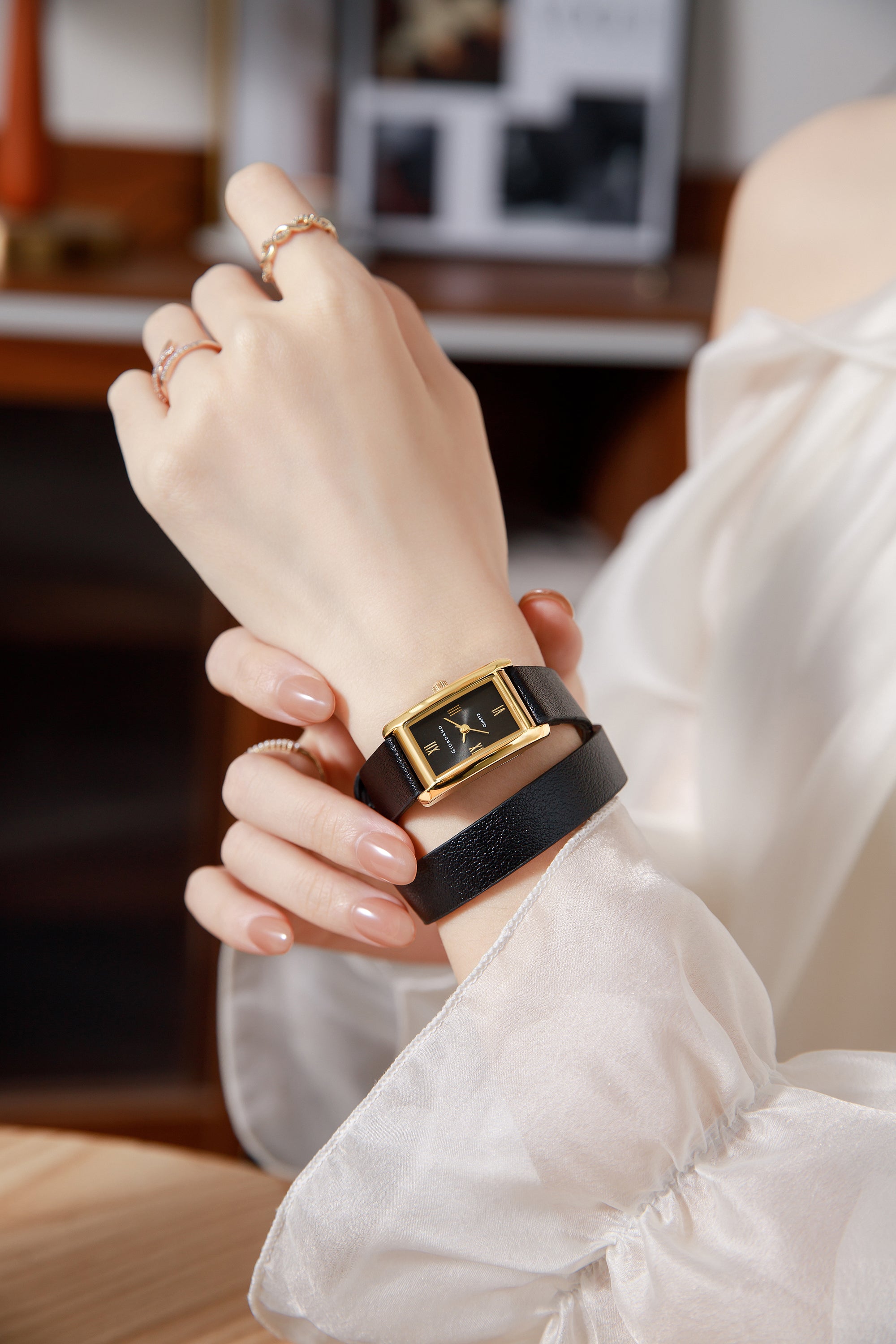 Giordano Analog Watch for Women with Rectangular Black Dial, Roman Numeral Markers, Quartz Movement and Black Leather Strap - GZ-60184-01