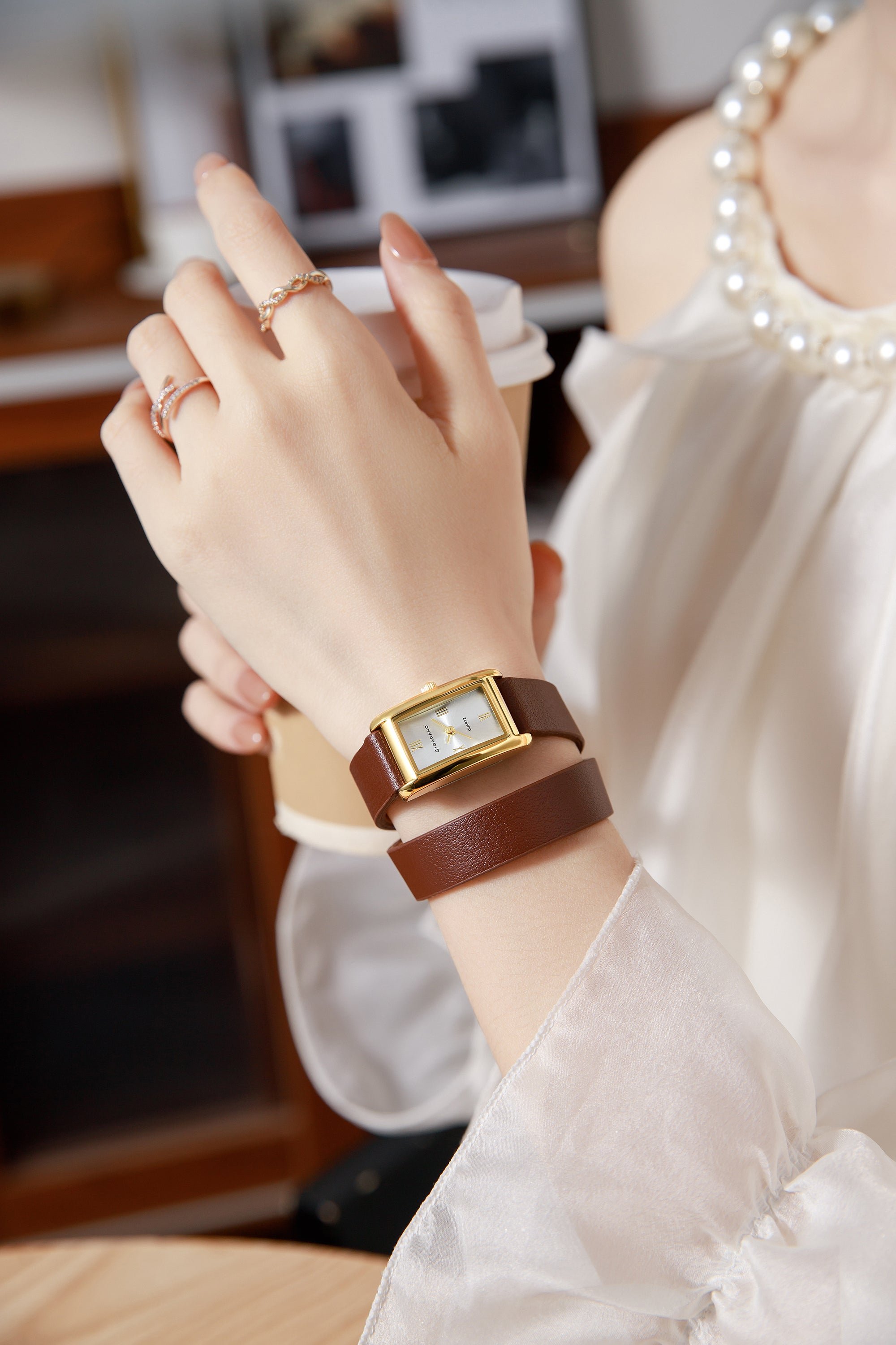 Giordano Analog Watch for Women with Rectangular Silver Dial, Roman Numeral Markers, Quartz Movement and Brown Leather Strap - GZ-60184-03