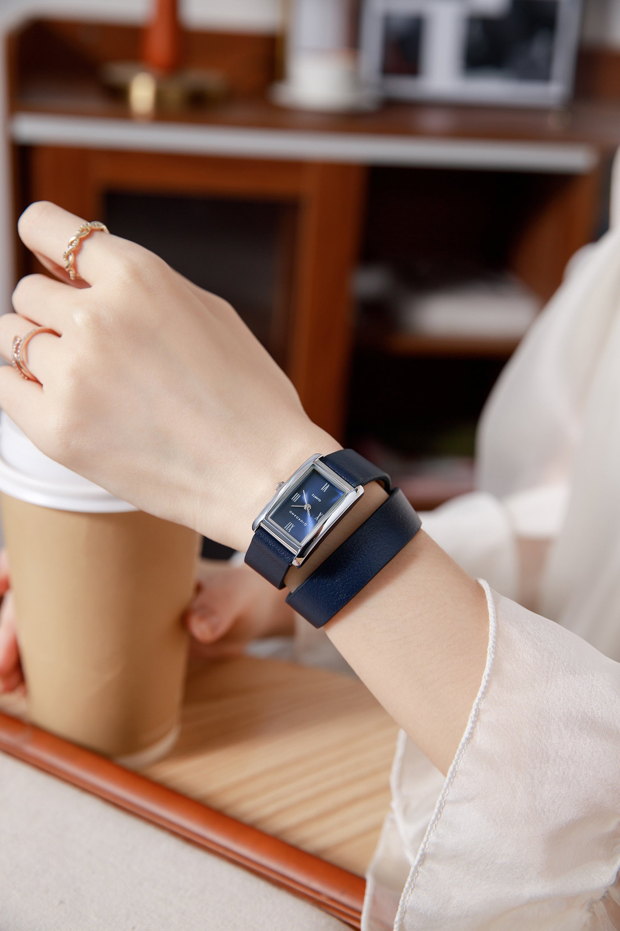 Giordano Analog Watch for Women with Rectangular Blue Dial, Roman Numeral Markers, Quartz Movement and Blue Leather Strap - GZ-60184-02