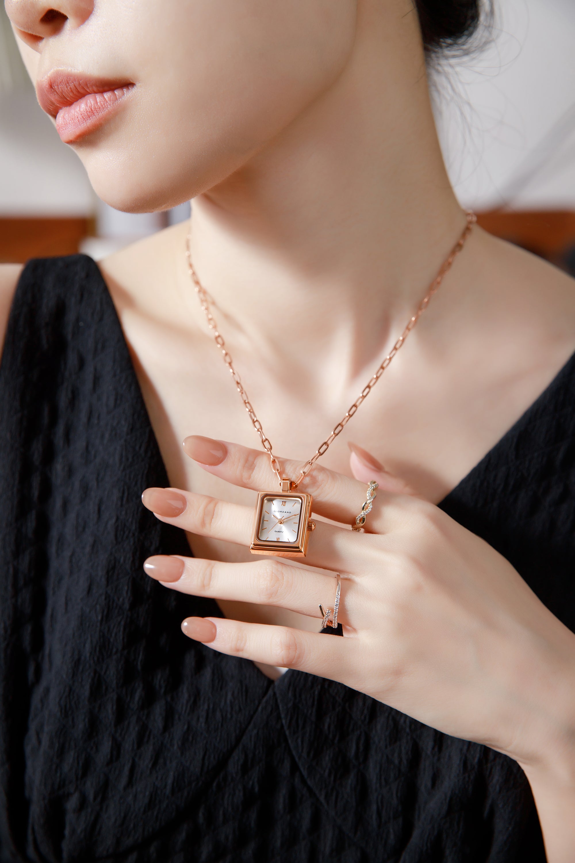 Giordano Analog Watch Pendant Necklace for Women with Rectangular Silver Dial, Roman Numeral Markers, Quartz Movement and Adjustable Rose Gold Chain - GZ-60185-22