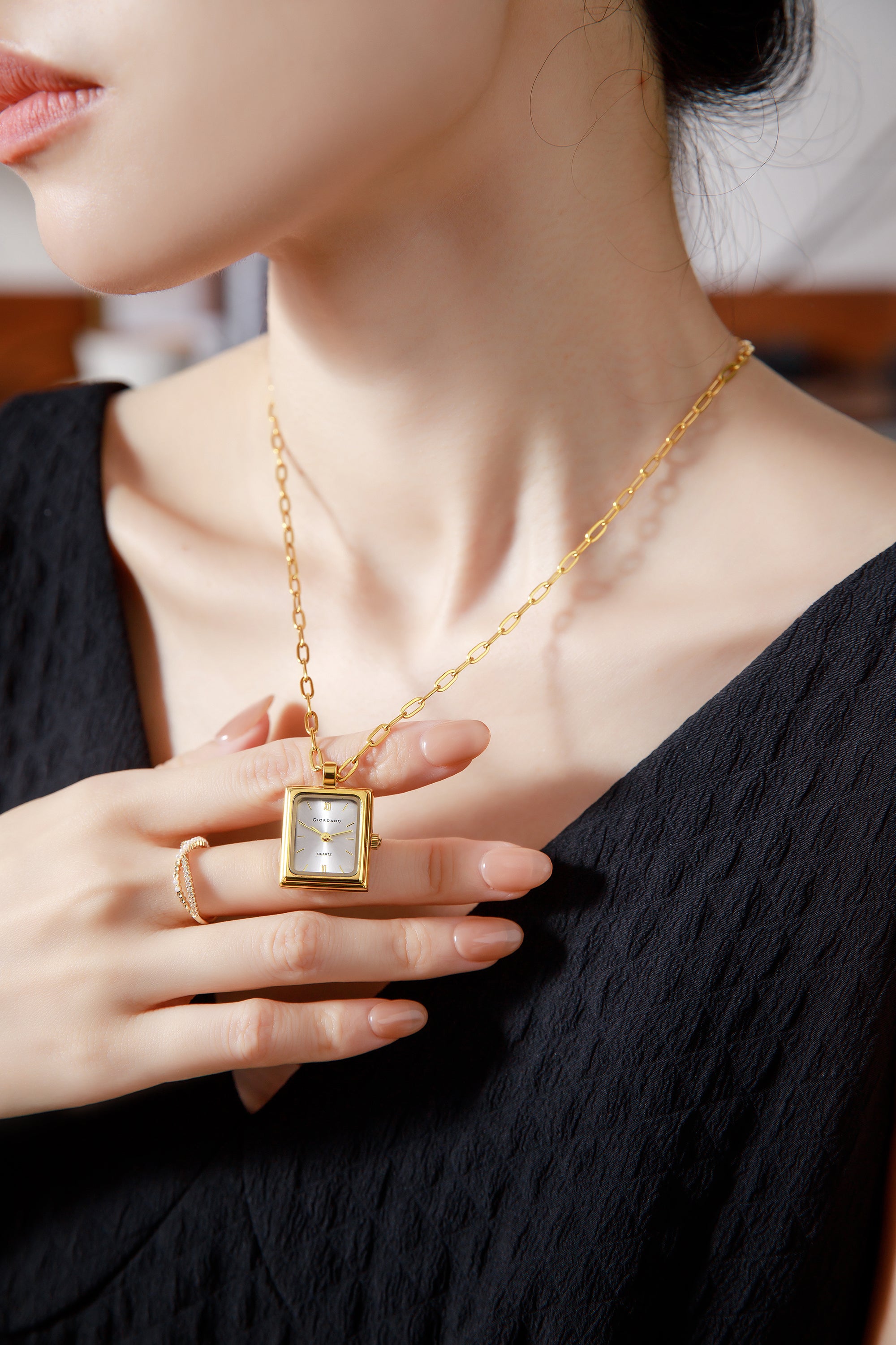 Giordano Analog Watch Pendant Necklace for Women with Rectangular Silver Dial, Roman Numeral Markers, Quartz Movement and Adjustable Gold Chain - GZ-60185-11