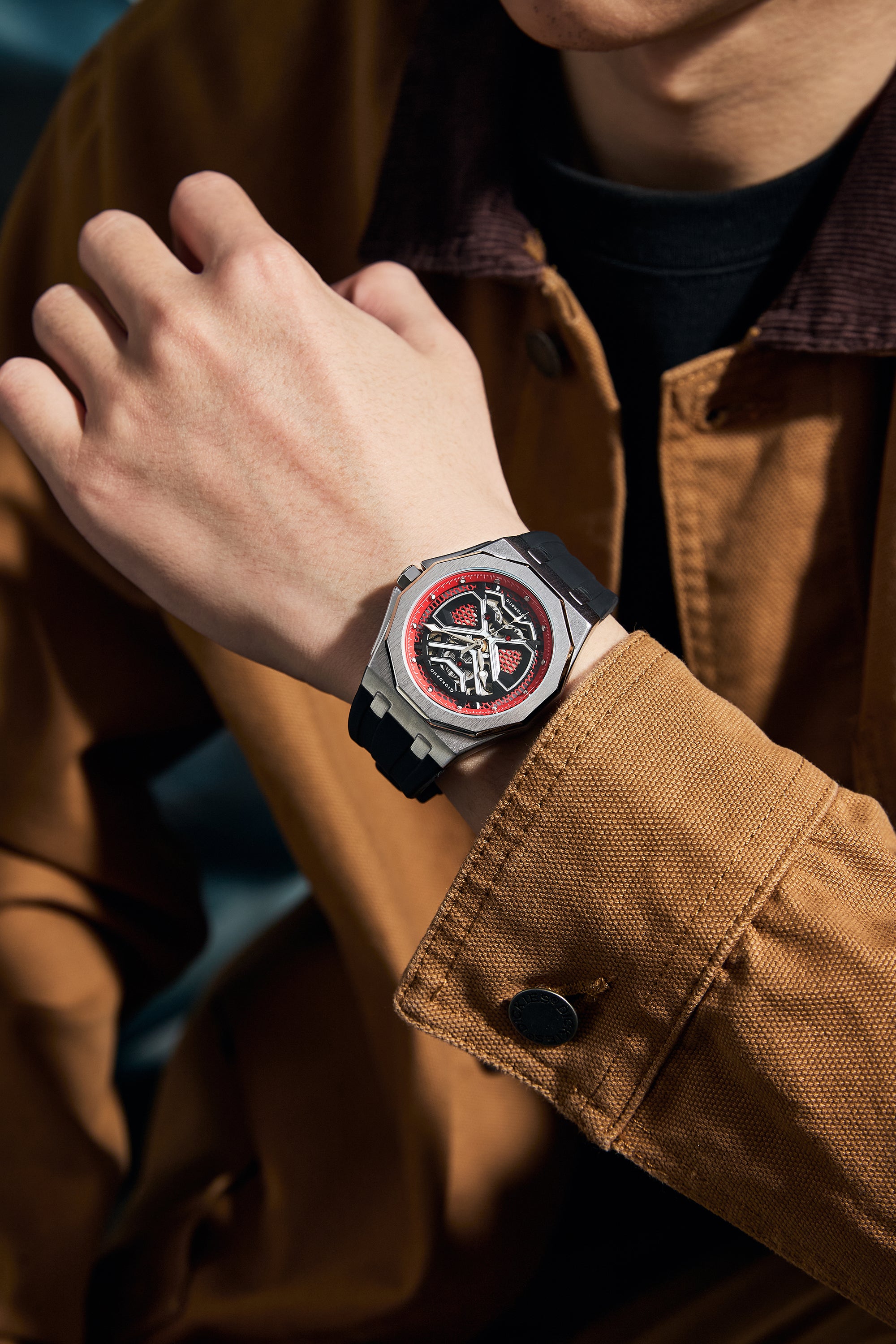 Giordano Red Automatic Unique Watch for Men with Stainless Steel Case, Silicone Strap, Luxury Design & Water Resistant GZ-50125-03