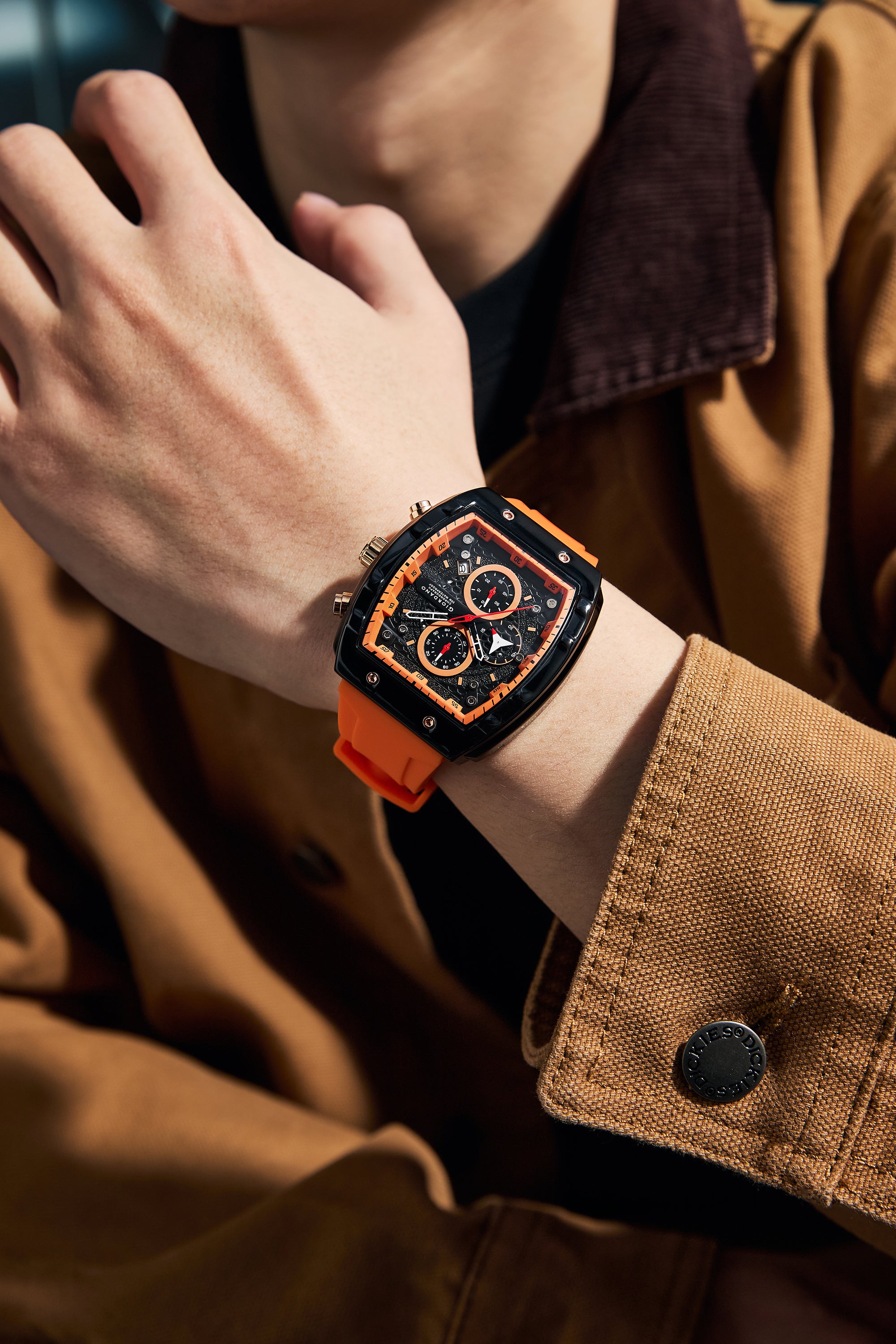 Giordano Orange Square Dial Multifuncational Watch for Men with Stylish Design, Waterproof, Date Display & Silicone Strap GZ-50123-02