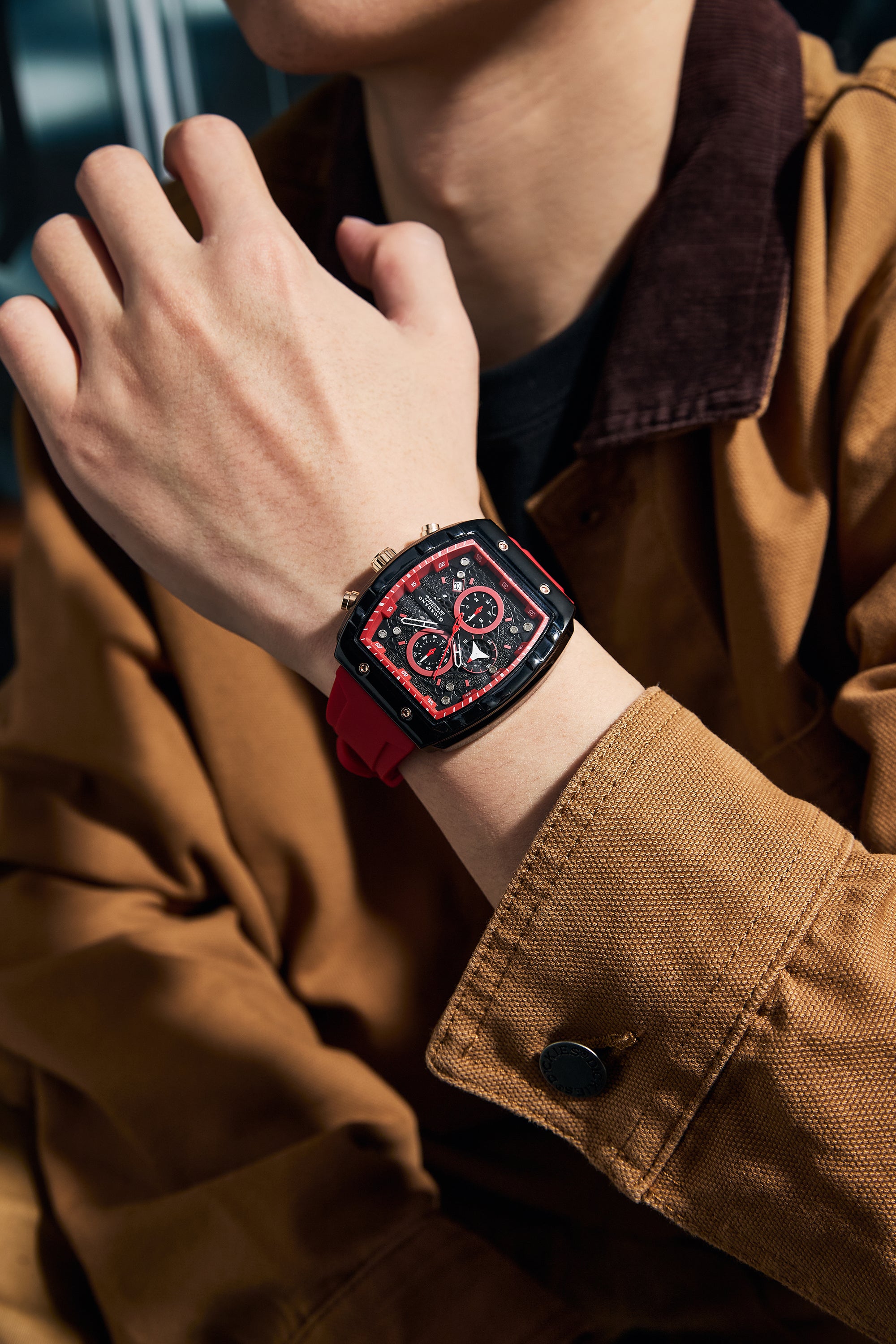 Giordano Red Square Dial Multifuncational Watch for Men with Stylish Design, Waterproof, Date Display & Silicone Strap GZ-50123-03