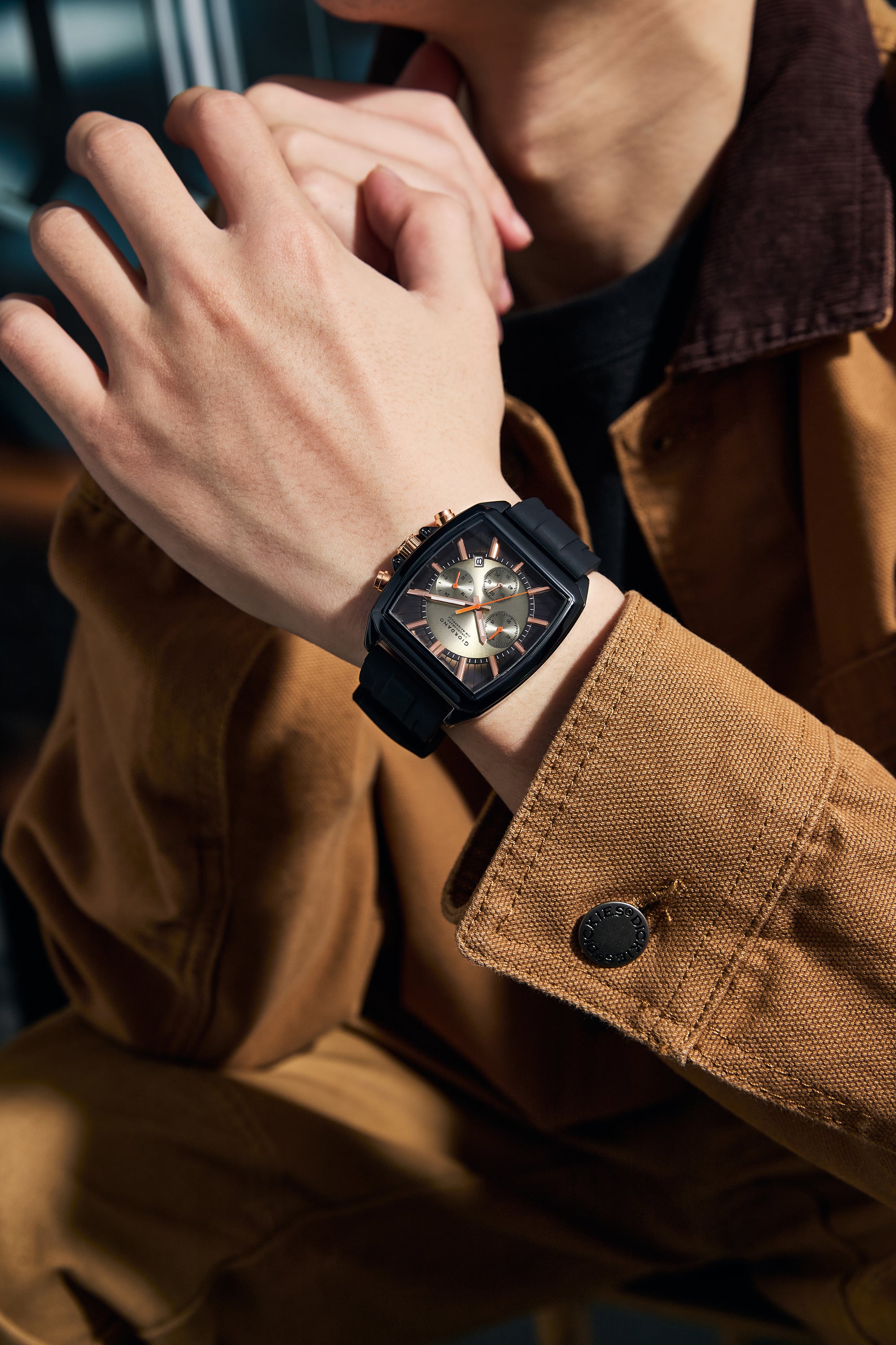 Giordano Black Modern Square Face Chronograph Watch for Men with Rose Gold Accents,Silicon Strap & Date Display GZ-50124-01