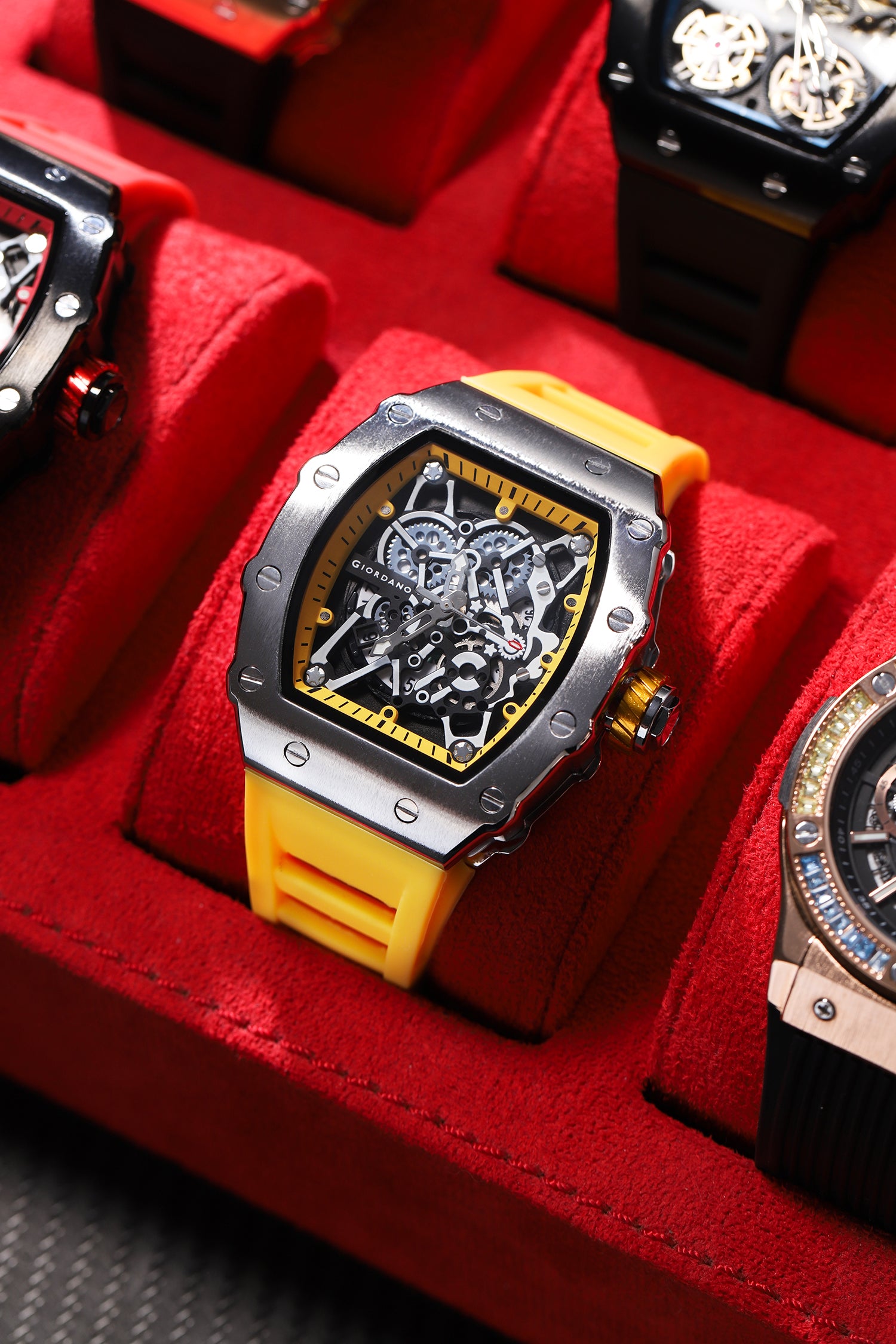 Giordano Analog Watch for Men - Skeleton-Style Dial | Brushed Steel Case with Silicone Strap | GZ-50127-05