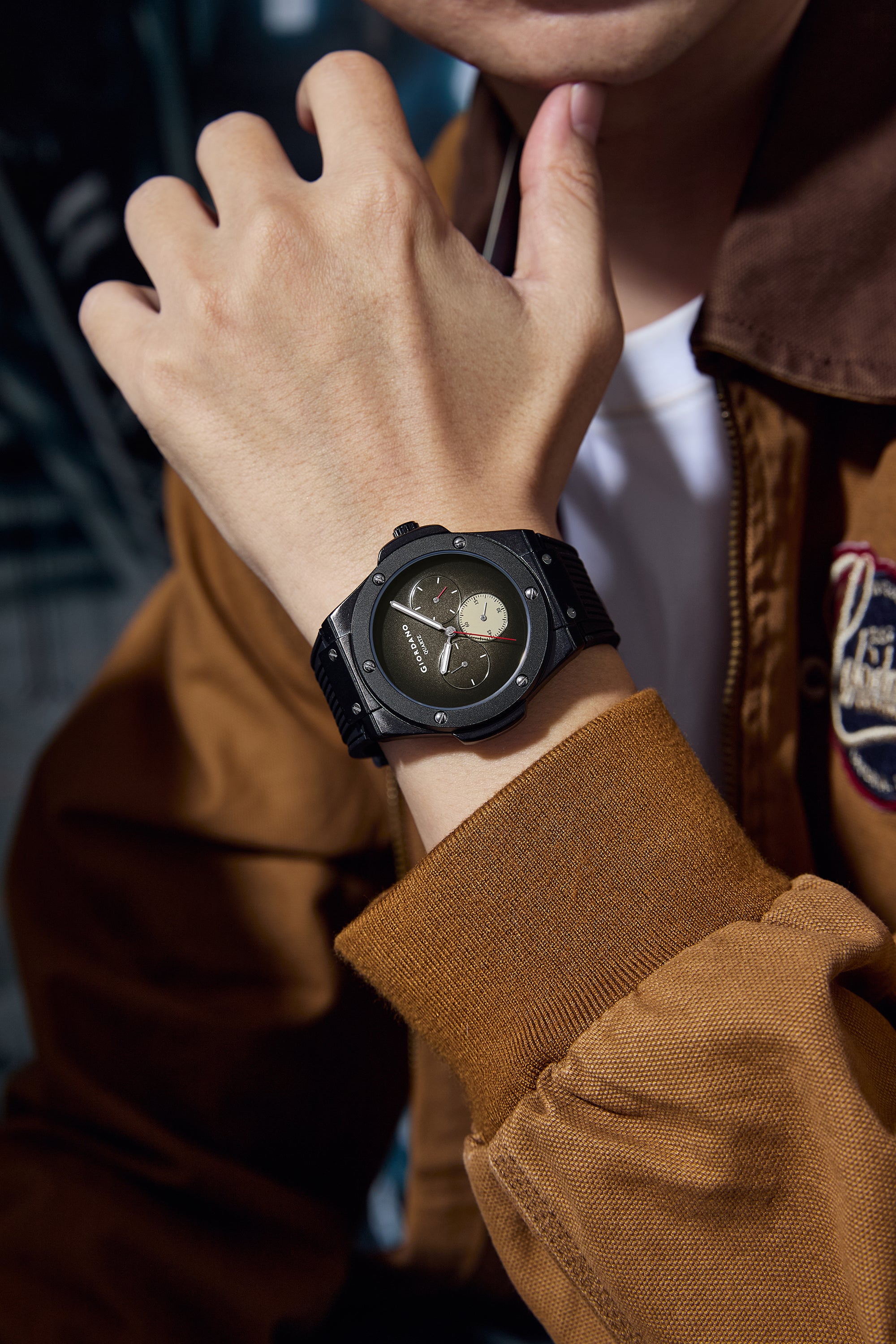 Giordano Analog Watch for Men with Black Round Dial, Three Sub-Dials, Quartz Movement and Black Ribbed Silicone Strap - GZ-50243-01