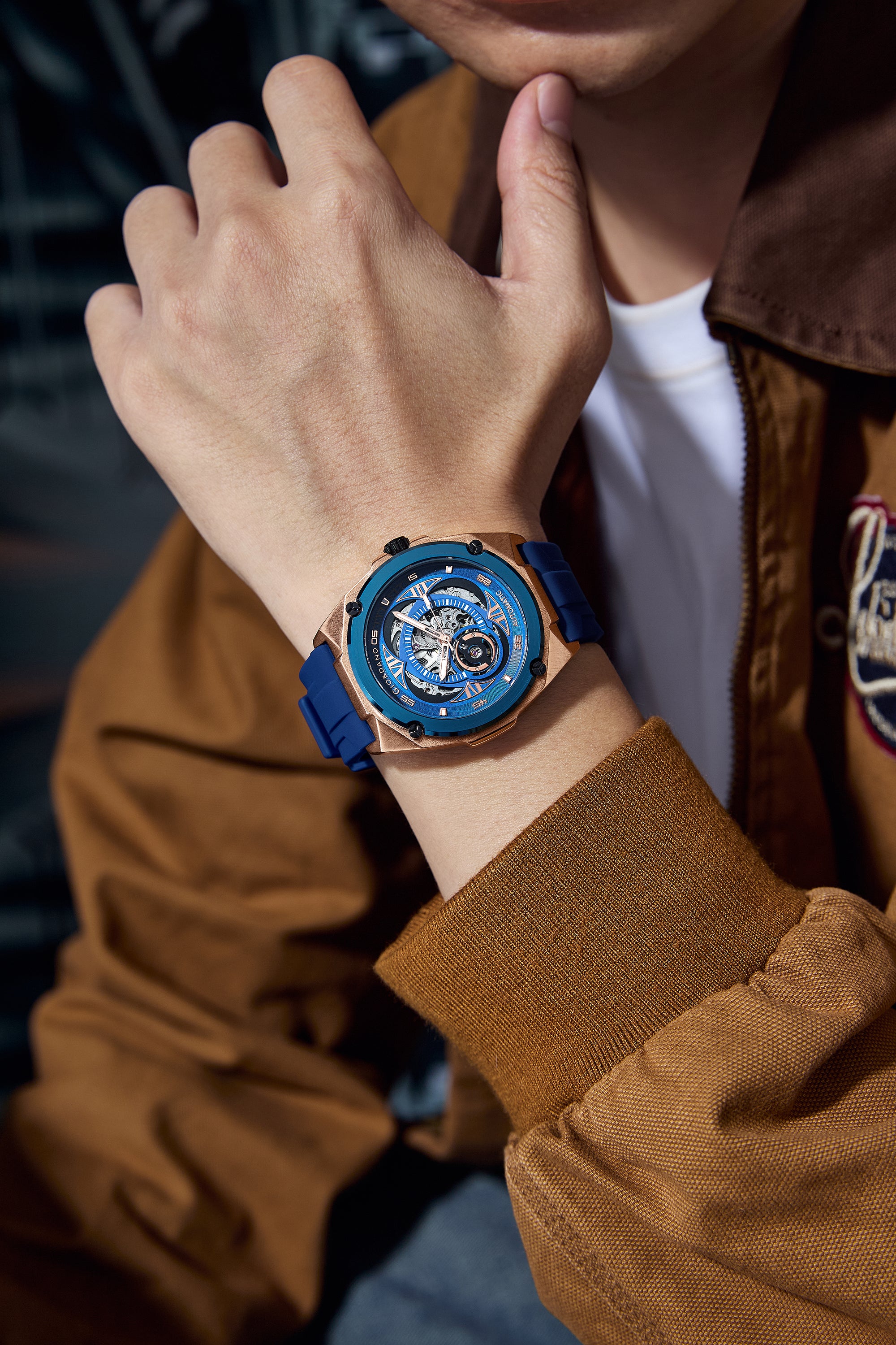 Giordano Watch for Men with Blue Round Skeleton Dial, Exposed Automatic Mechanical Movement, Luminous Hands and Hour Markers and Blue Silicone Strap - GZ-50244-02