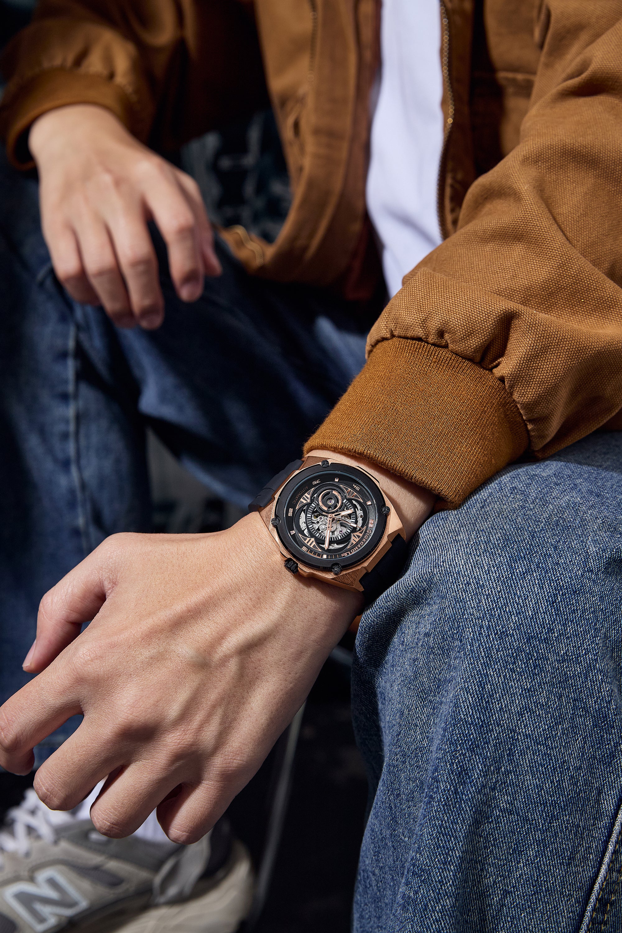 Giordano Watch for Men with Black Round Skeleton Dial, Exposed Automatic Mechanical Movement, Luminous Hands and Hour Markers and Black Silicone Strap - GZ-50244-03