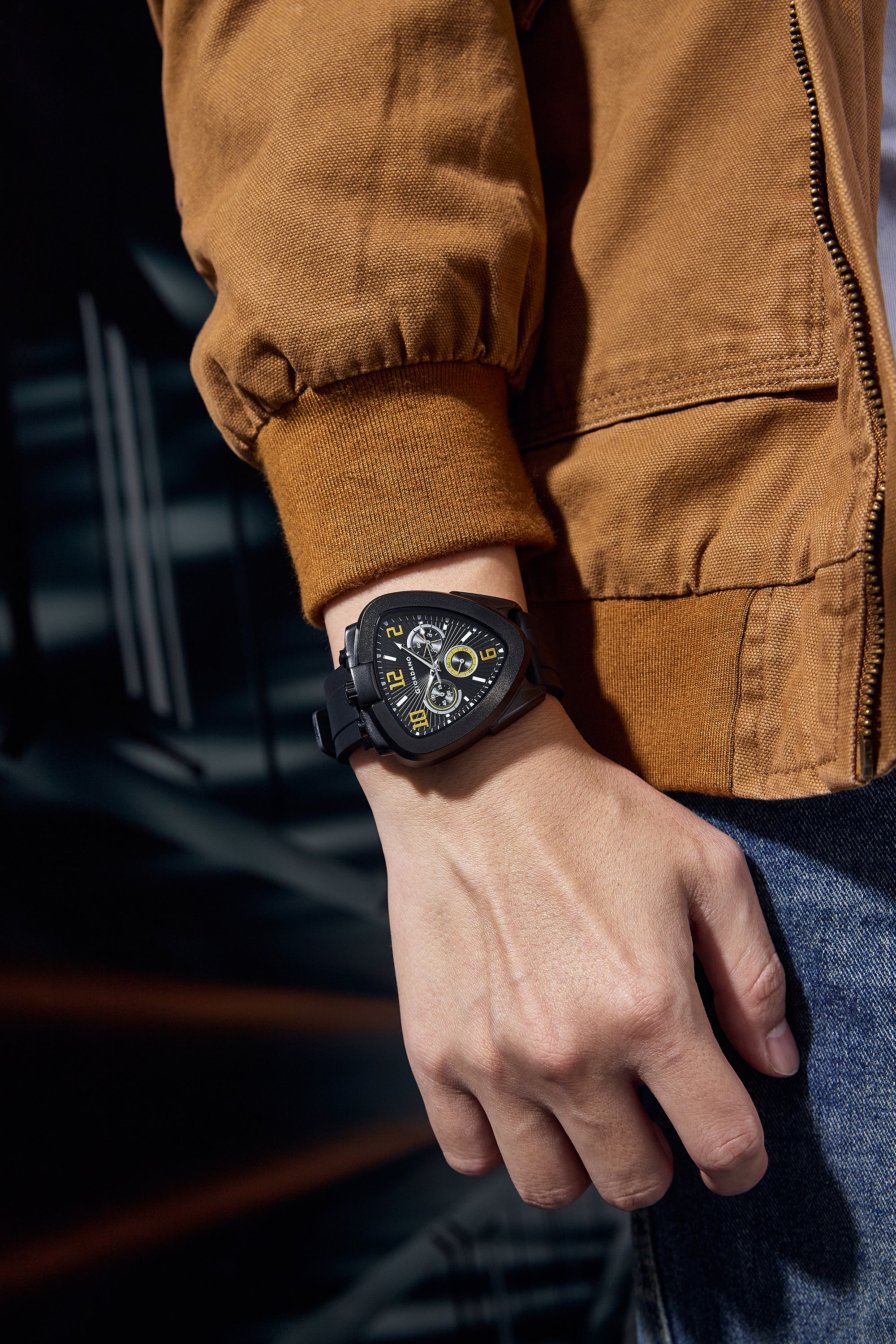 Giordano Analog Quartz Watch for Men with Black/Blue Triangular Dial, Three Sub-Dials, Arabic Numerals & Baton Hour Markers and Black Silicone Strap - GZ-50246-03