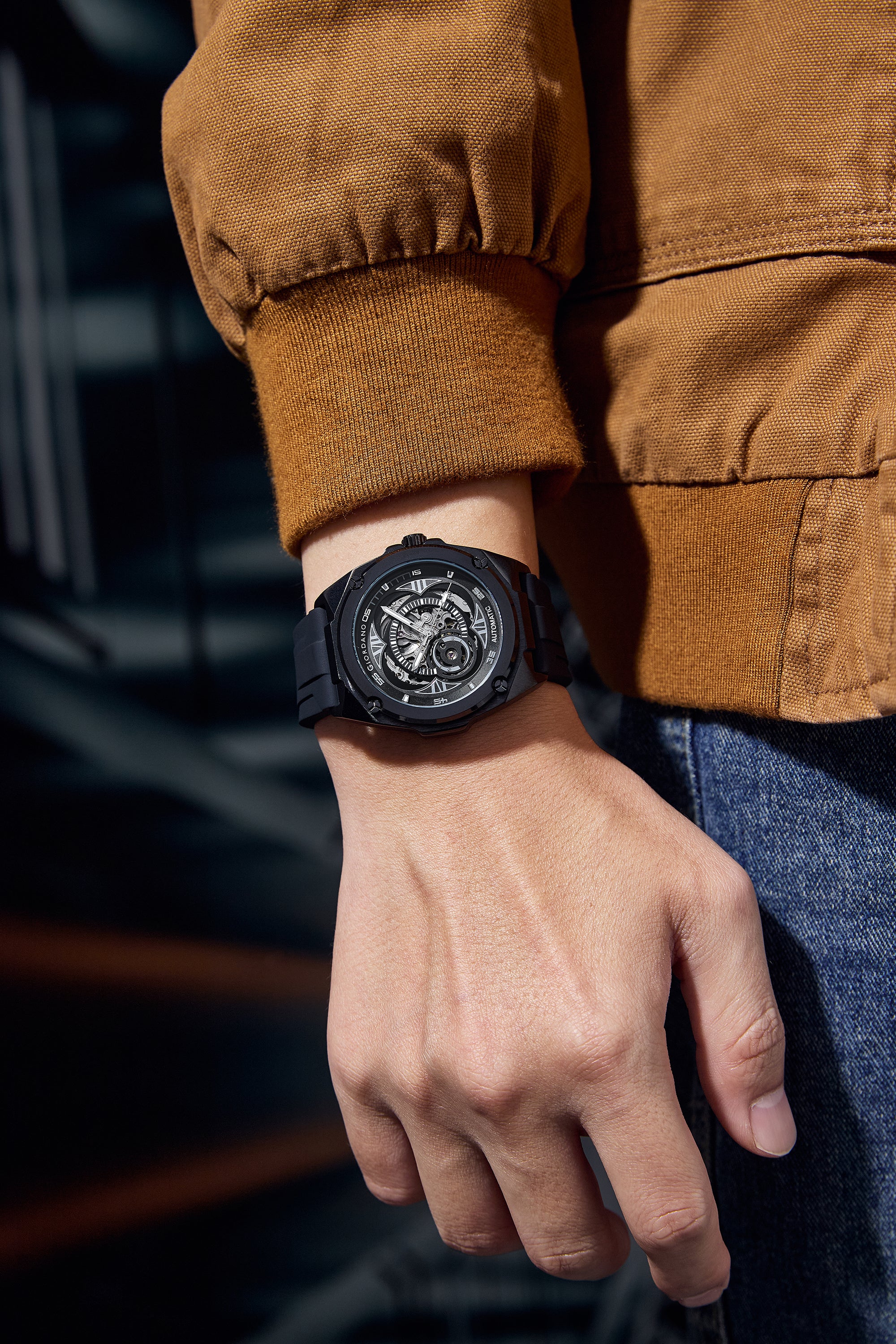 Giordano Watch for Men with Black Round Skeleton Dial, Exposed Automatic Mechanical Movement, Luminous Hands and Hour Markers and Black Silicone Strap - GZ-50244-01