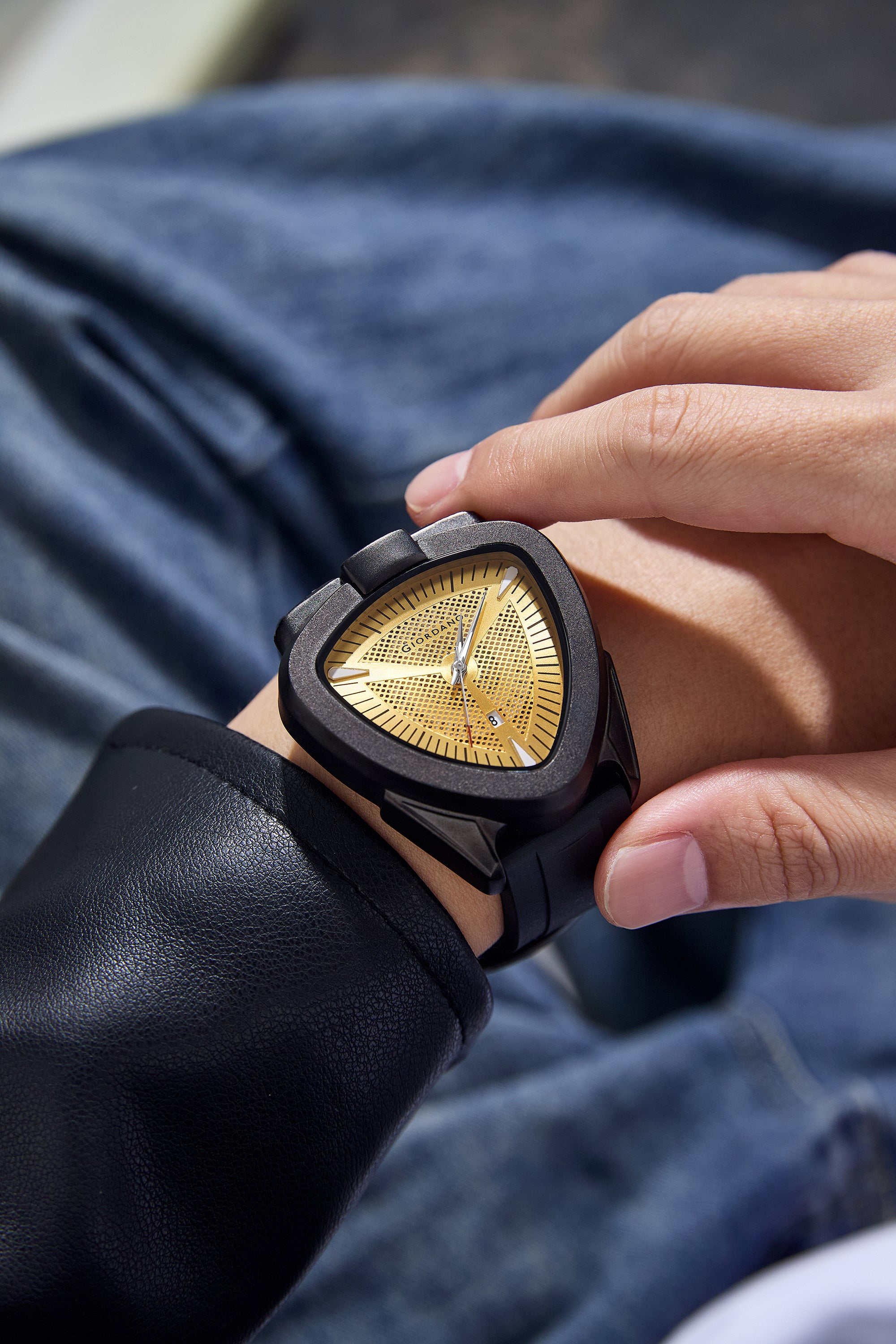 Giordano Analog Quartz Watch for Men with Gold Triangular Textured Dial, Date Display, Luminous Hands and Hour Markers and Black Silicone Strap - GZ-50245-04
