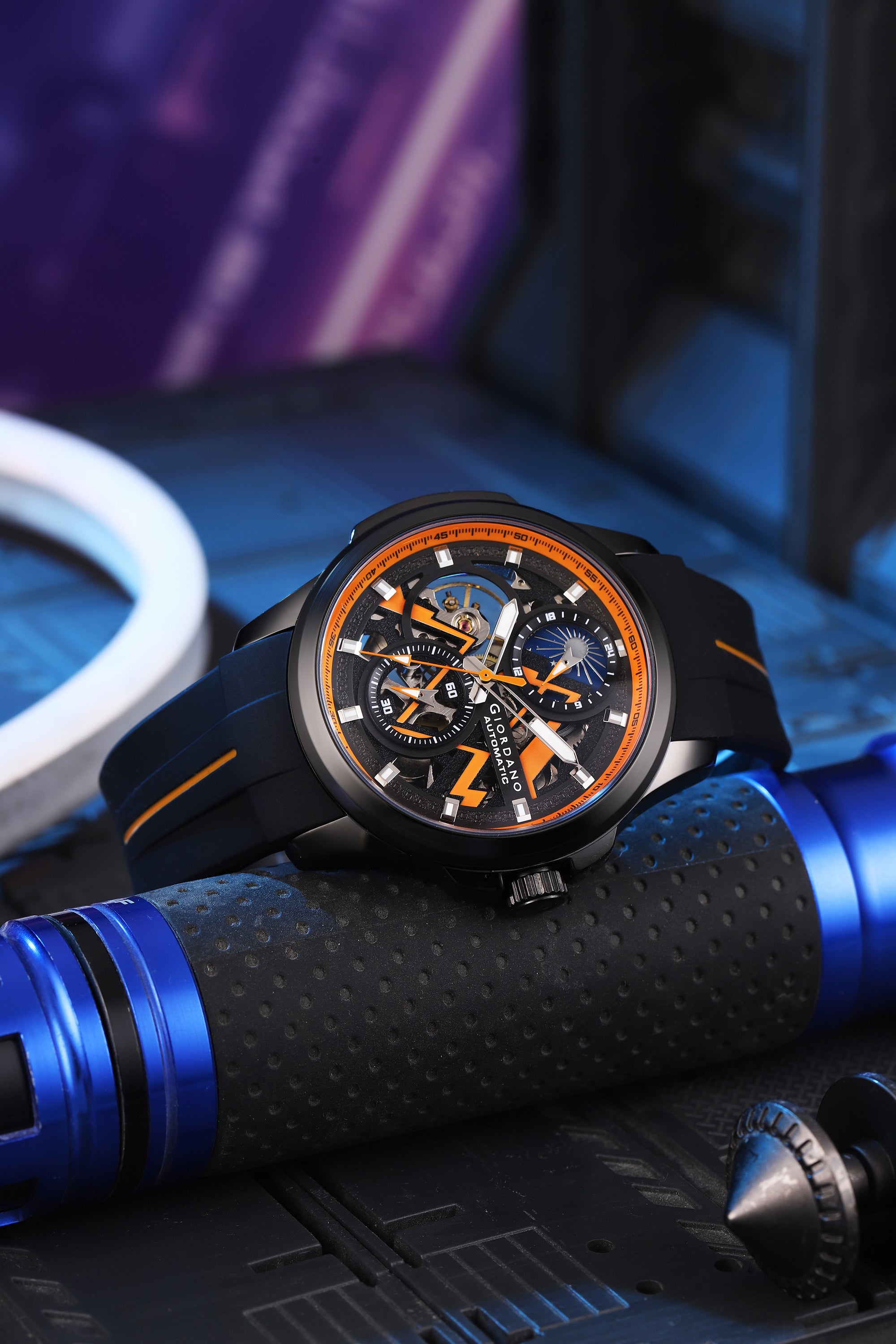 Giordano Automatic Mechanical Skeleton Watch for Men with Black Round Dial, 24-Hour Display, Luminous Hands and Baton Hour Markers and Black Silicone Strap - GZ-50235-01