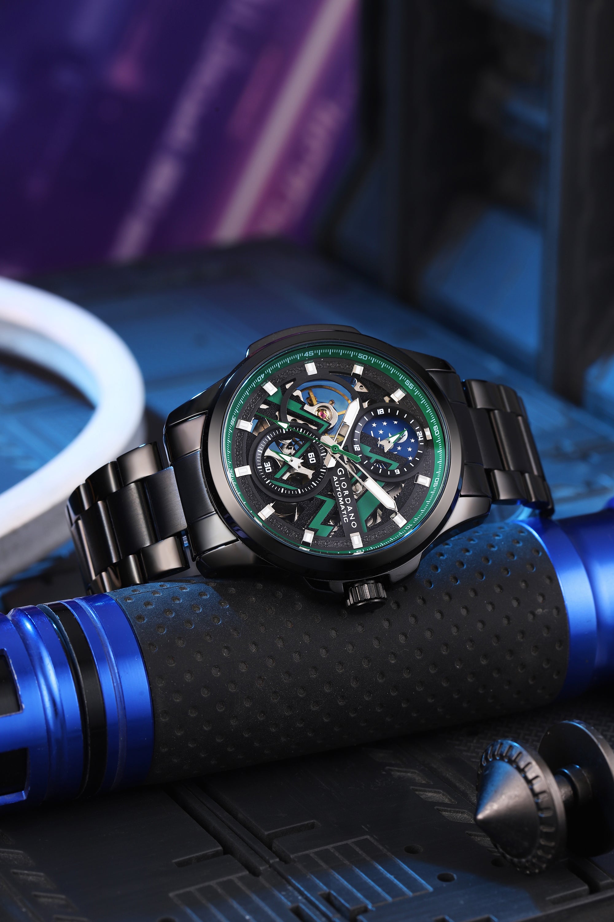 Giordano Automatic Mechanical Skeleton Watch for Men with Black Round Dial, 24-Hour Display, Luminous Hands and Baton Hour Markers and Black Silicone Strap - GZ-50235-02