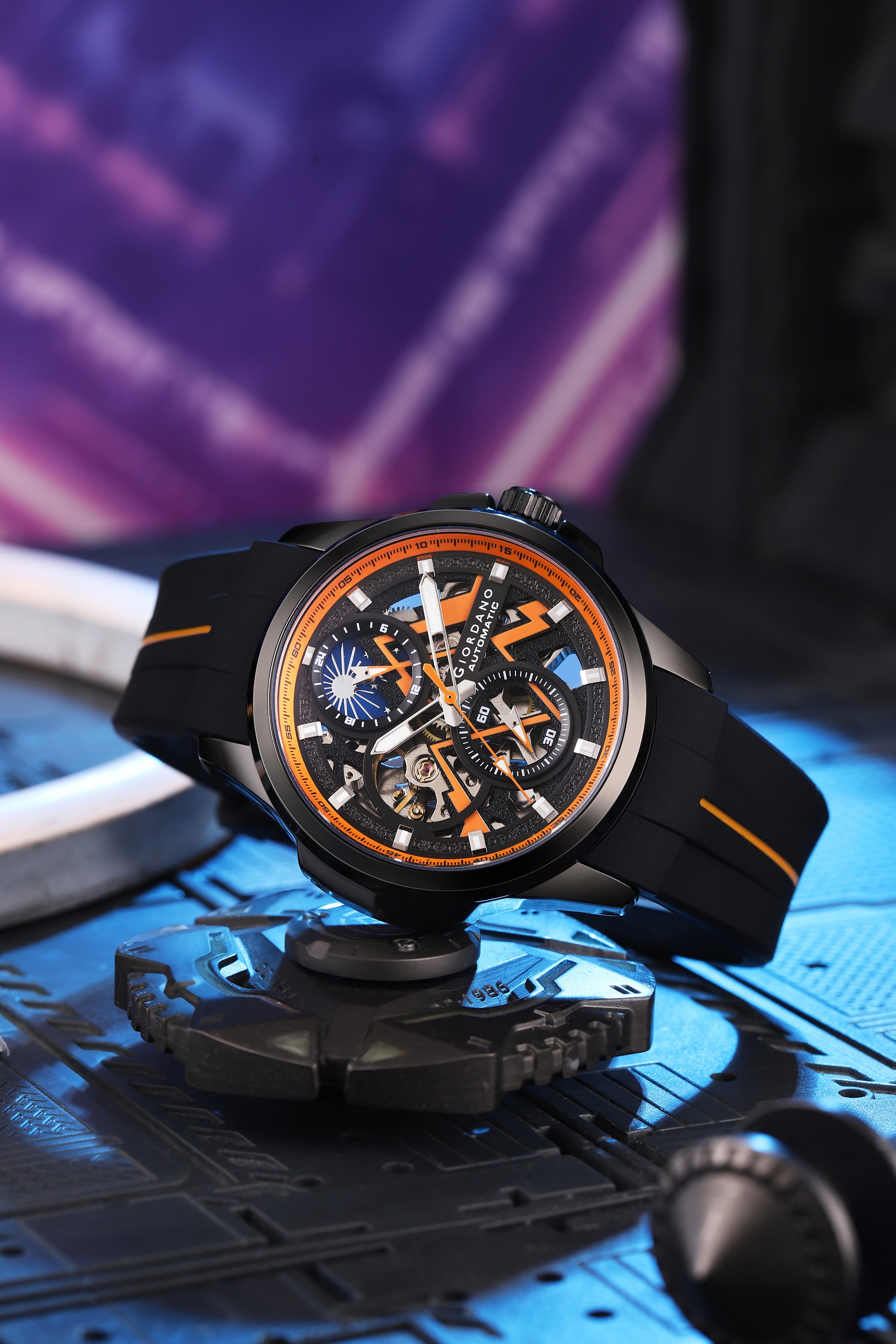 Giordano Automatic Mechanical Skeleton Watch for Men with Black Round Dial, 24-Hour Display, Luminous Hands and Baton Hour Markers and Black Silicone Strap - GZ-50235-01