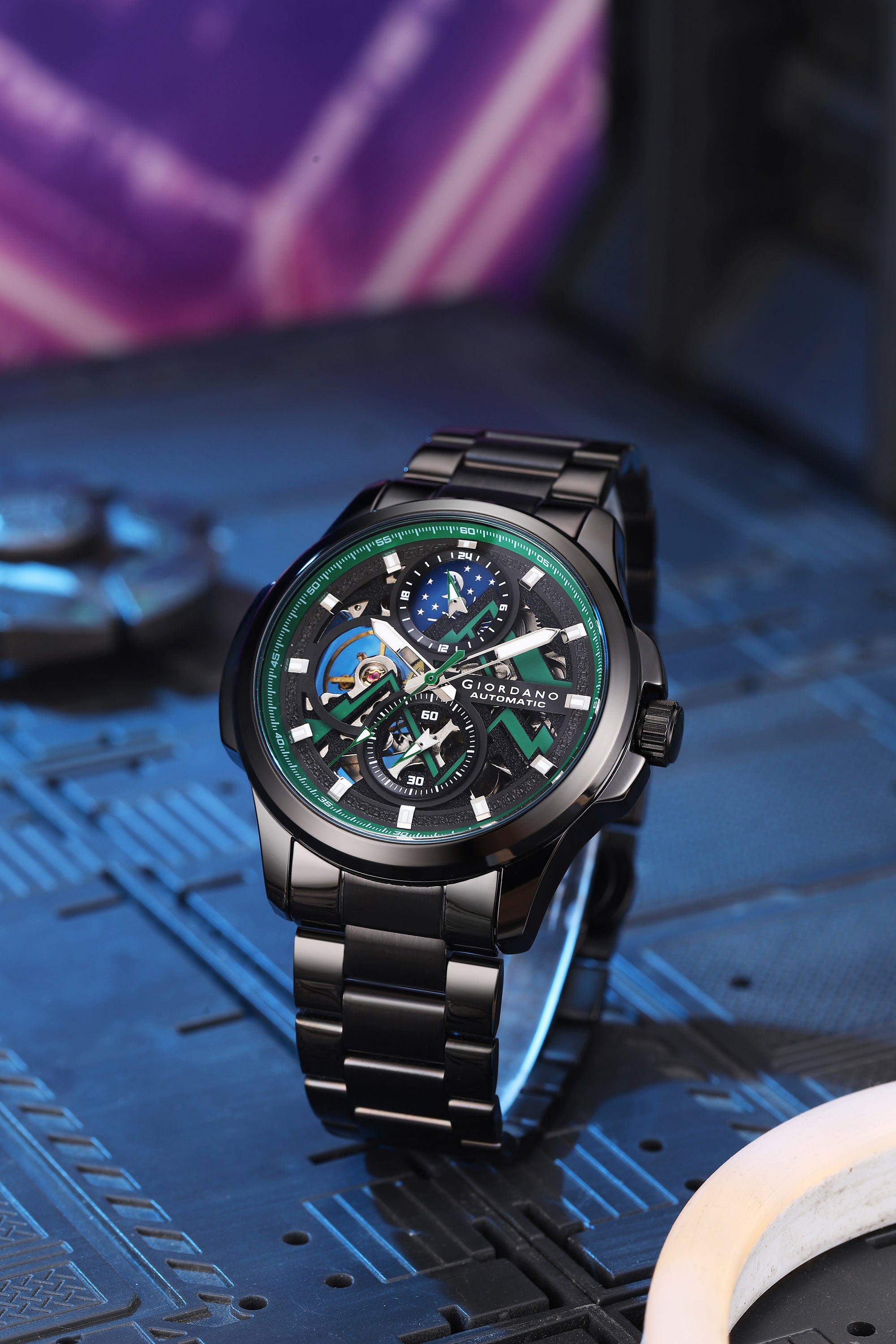 Giordano Automatic Mechanical Skeleton Watch for Men with Black Round Dial, 24-Hour Display, Luminous Hands and Baton Hour Markers and Black Stainless Steel Strap - GZ-50235-11