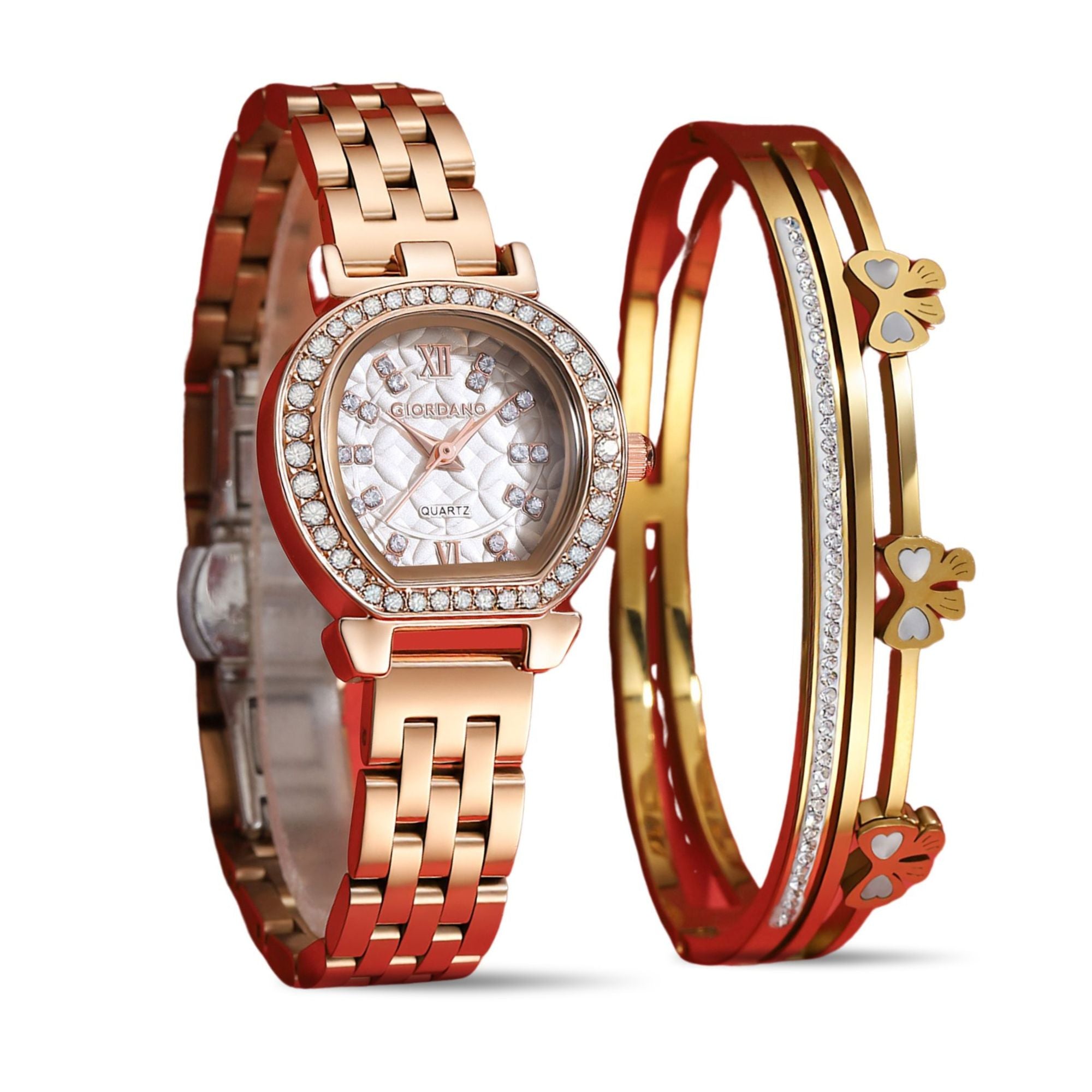 Giordano Analog Quartz Watch for Women with Bangle Set Texured Oval White Dial, Roman Indices, Blue Crown, Crystal Studded Hour Markers and Bezel, Rose Gold Stainless Steel Strap - GZ-60154-11