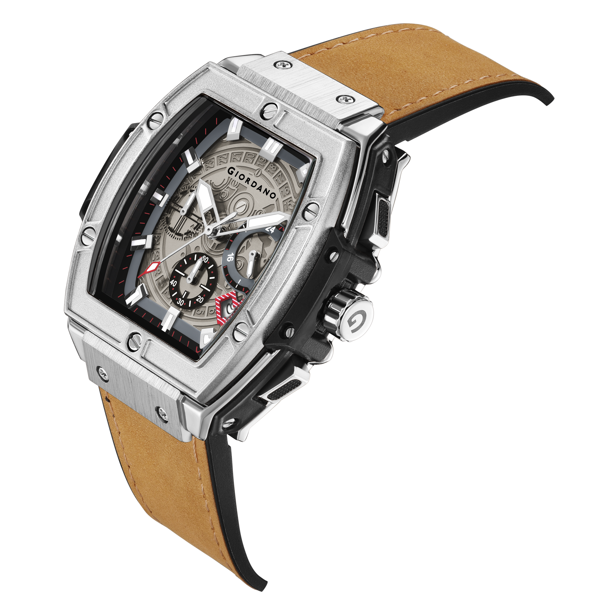 Giordano Terminator Men's Brown Leather Multifunction Watch - with Day, Date, and 24-Hour Sub-Dials | Water Resistant Square Dial Unique Design Wrist Watch for Man | GZ-50098-01