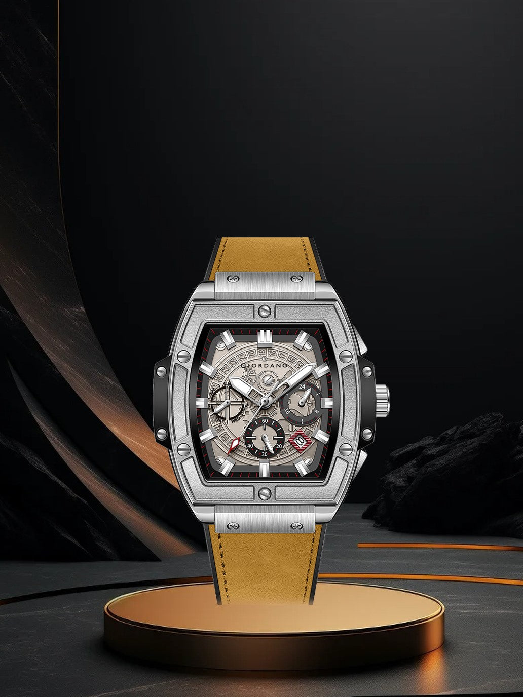 Giordano Terminator Men's Brown Leather Multifunction Watch - with Day, Date, and 24-Hour Sub-Dials | Water Resistant Square Dial Unique Design Wrist Watch for Man | GZ-50098-01