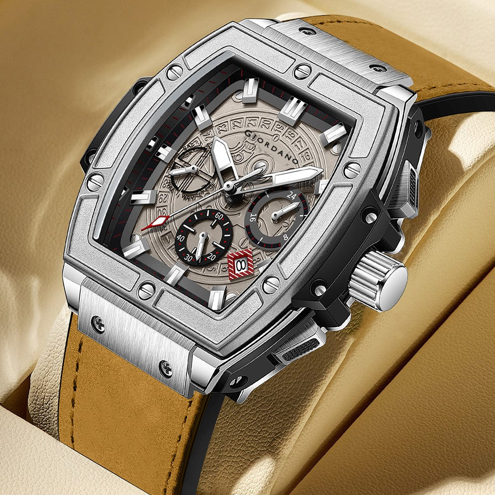 Giordano Terminator Men's Brown Leather Multifunction Watch - with Day, Date, and 24-Hour Sub-Dials | Water Resistant Square Dial Unique Design Wrist Watch for Man | GZ-50098-01