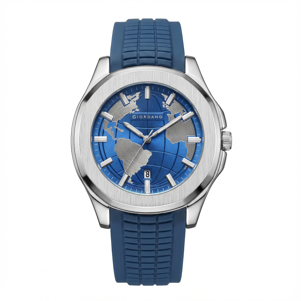 Giordano पुरुषों के लिए स्टाइलिश वर्ल्ड मैप डिज़ाइन वाली घड़ी, गोल डायल और टेक्सचर्ड सिलिकॉन स्ट्रैप के साथ | GZ-50147-03