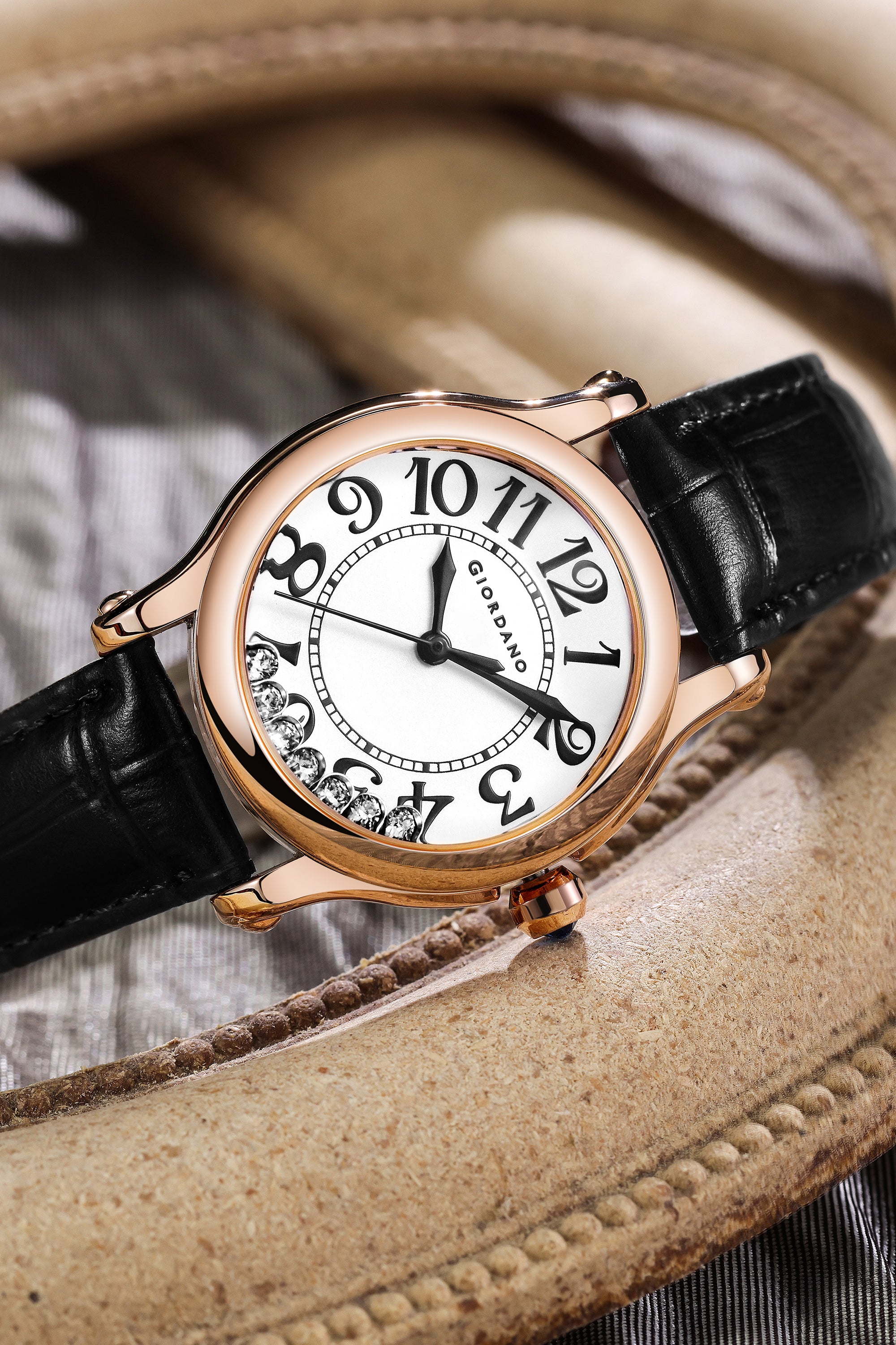 Giordano Elegant Analog Watch for Women with Round Dial & Dancing Diamonds, Arabic Numerals, Blue Crown and Leather Strap - GZ-60149-01