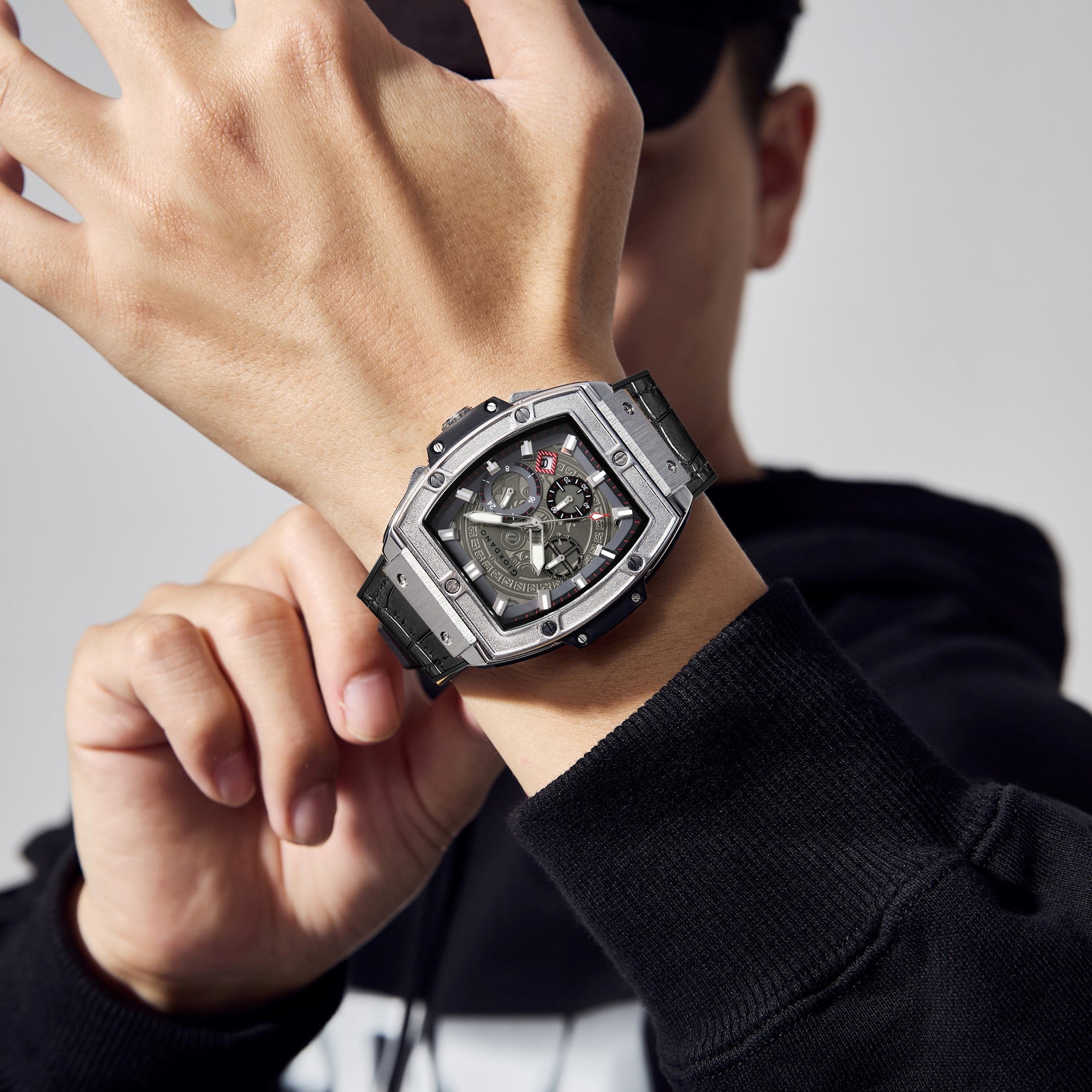 Giordano Terminator Grey Leather Multifunction Watch for men - with Day, Date, and 24-Hour Sub-Dials | Water Resistant Square Dial Unique Design Wrist Watch for Man | GZ-50098-07