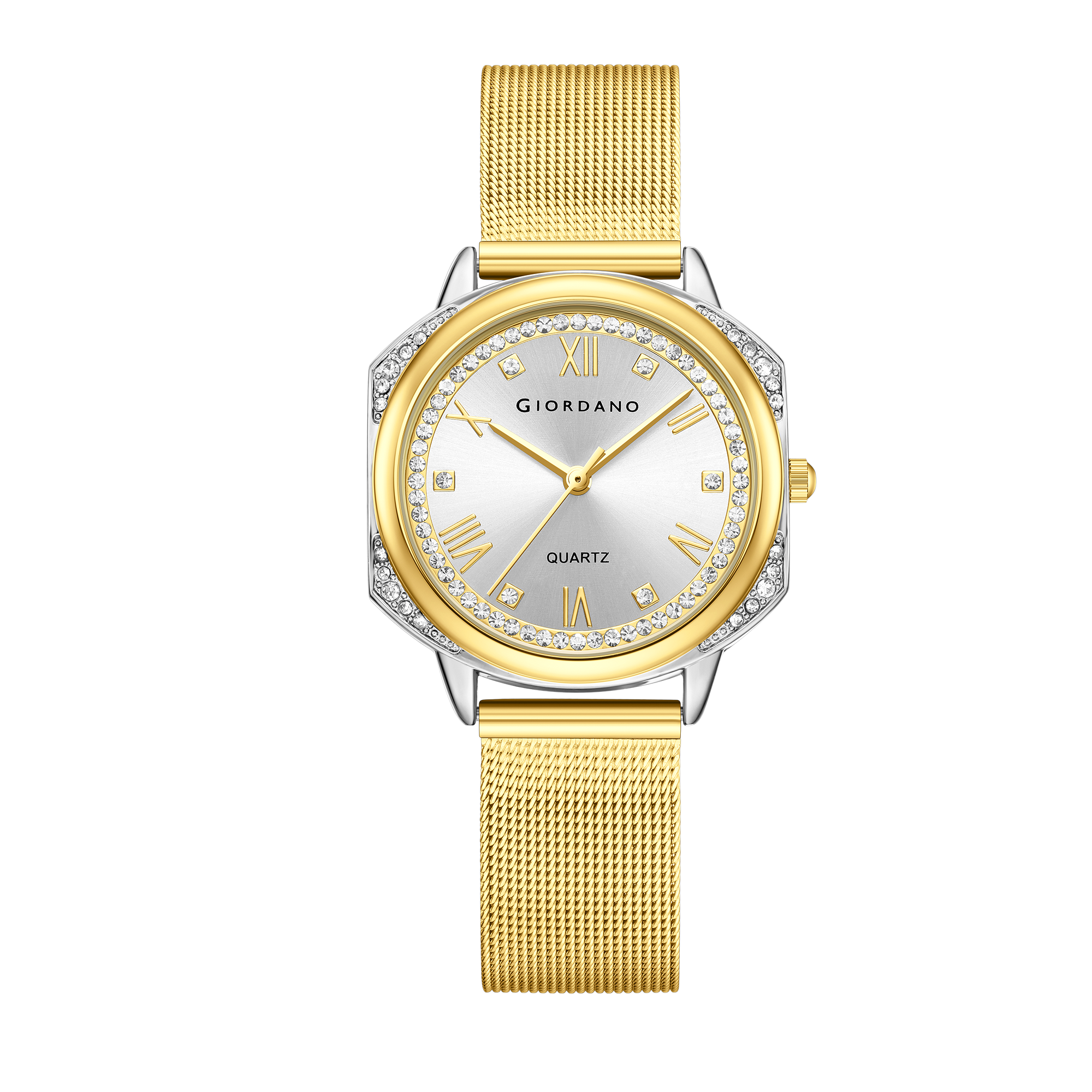 Giordano Gold Analog Quartz Watch Gift Set for Women – 3 Piece Combo with Mesh Strap, Roman Numeral Crystal Studded Dial, Round Pearl Pendant Necklace & Bangle Bracelet - GZ-60183-33