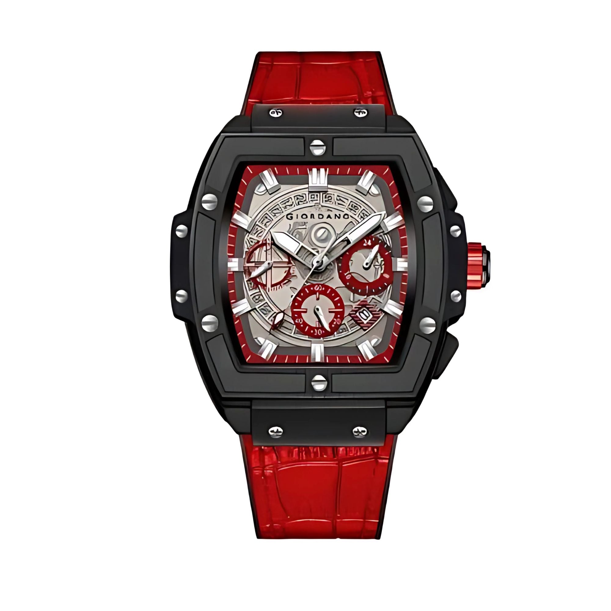 Giordano Terminator Red Leather Multifunction Watch for men - with Day, Date, and 24-Hour Sub-Dials | Water Resistant Square Dial Unique Design Wrist Watch for Man | GZ-50098-04