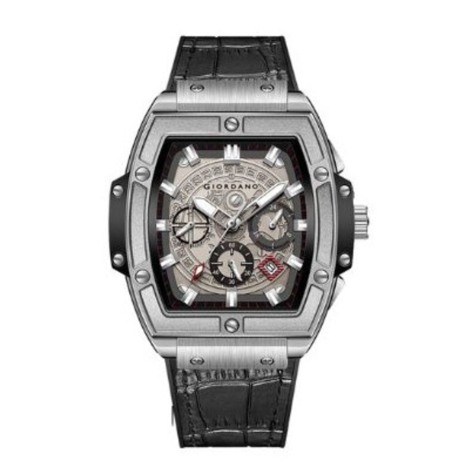 Giordano Terminator Grey Leather Multifunction Watch for men - with Day, Date, and 24-Hour Sub-Dials | Water Resistant Square Dial Unique Design Wrist Watch for Man | GZ-50098-07