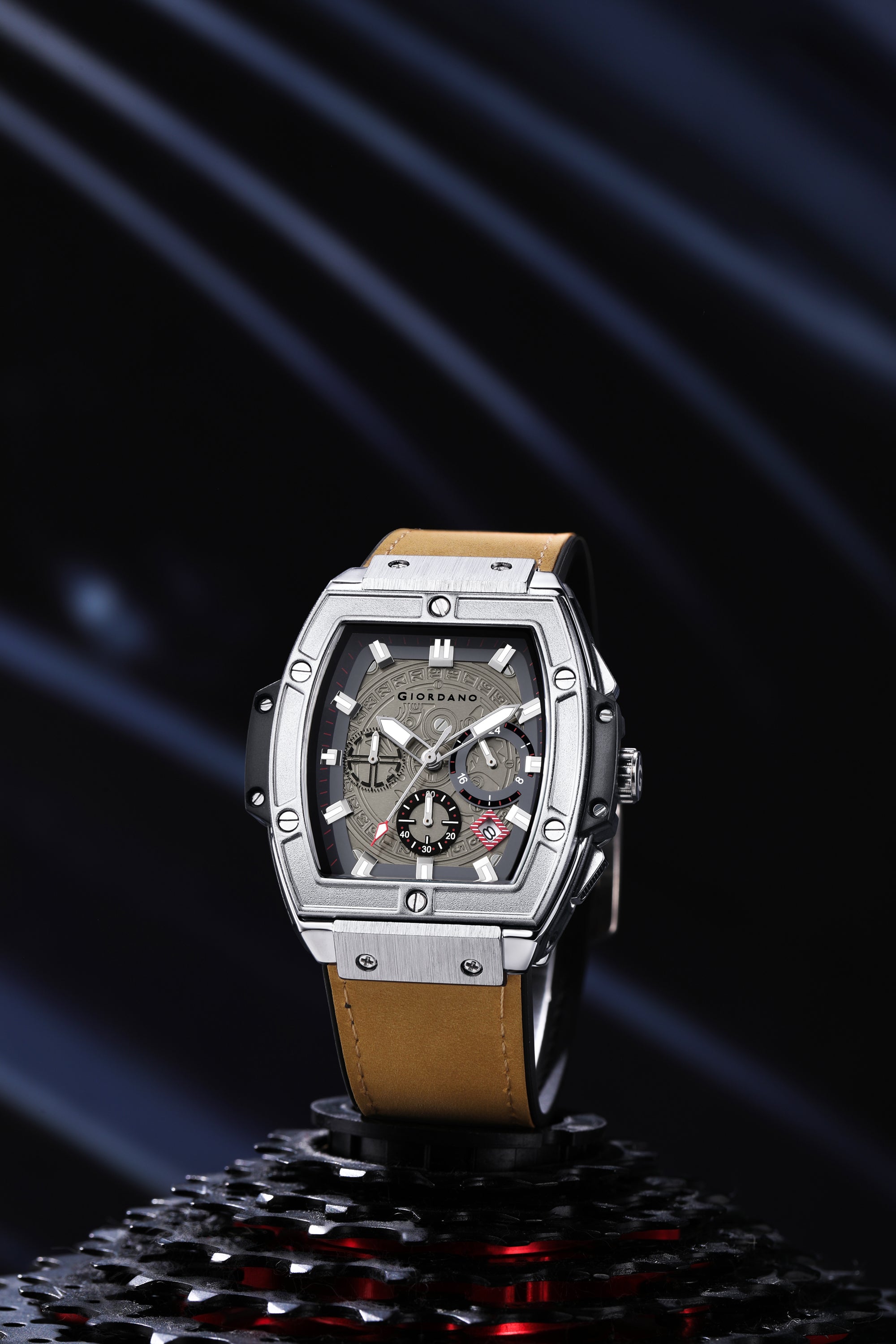 Giordano Terminator Men's Brown Leather Multifunction Watch - with Day, Date, and 24-Hour Sub-Dials | Water Resistant Square Dial Unique Design Wrist Watch for Man | GZ-50098-01