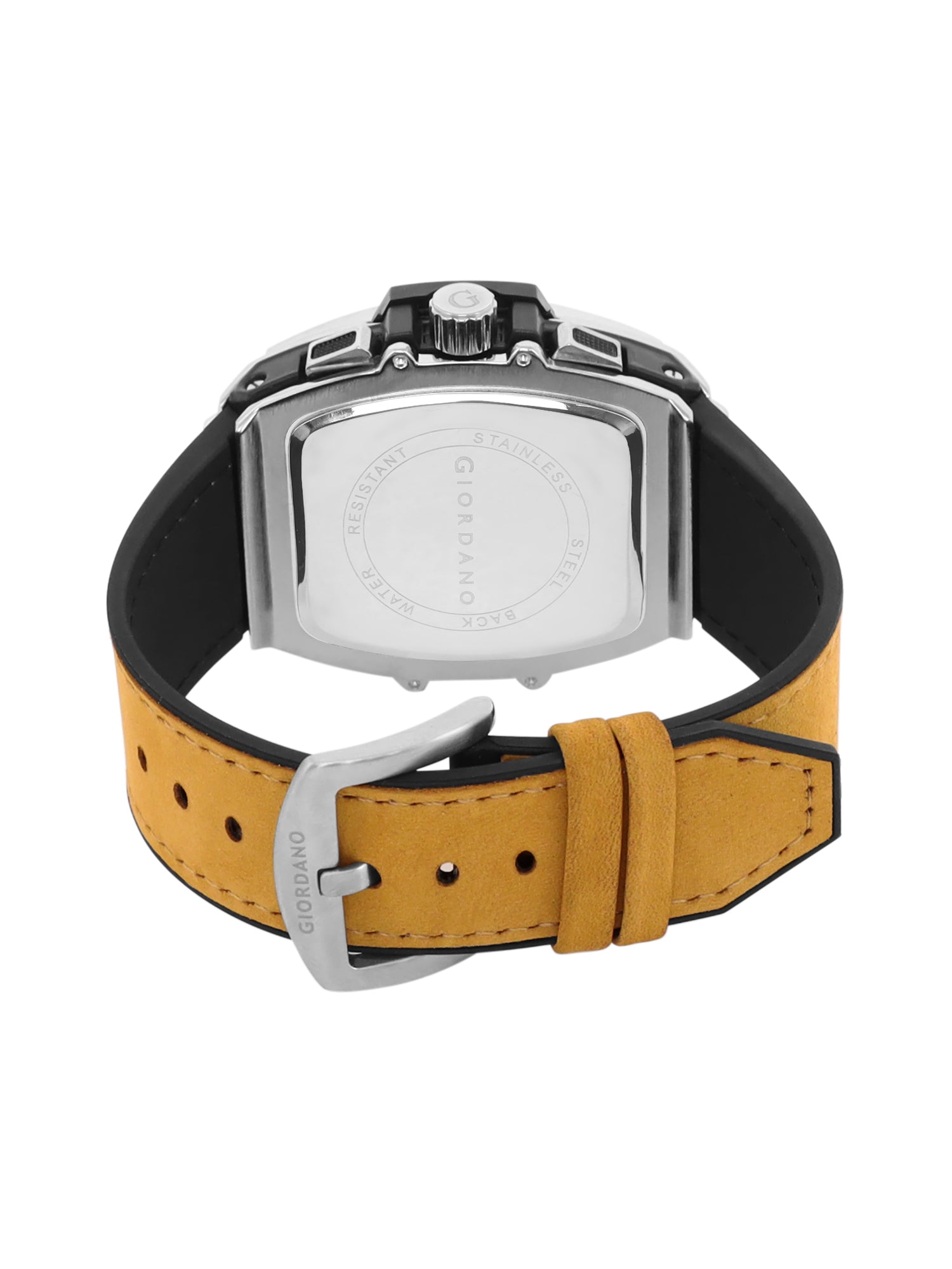 Giordano Terminator Men's Brown Leather Multifunction Watch - with Day, Date, and 24-Hour Sub-Dials | Water Resistant Square Dial Unique Design Wrist Watch for Man | GZ-50098-01