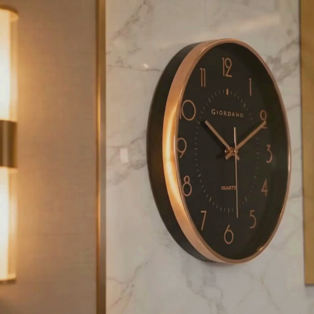 Giordano Wall Clock, Silent Sweep Non-Ticking Quartz Movement, Black Dial, Rose Gold Oval Plastic Frame, Metal Hand - GDCLTY1001RGBLK