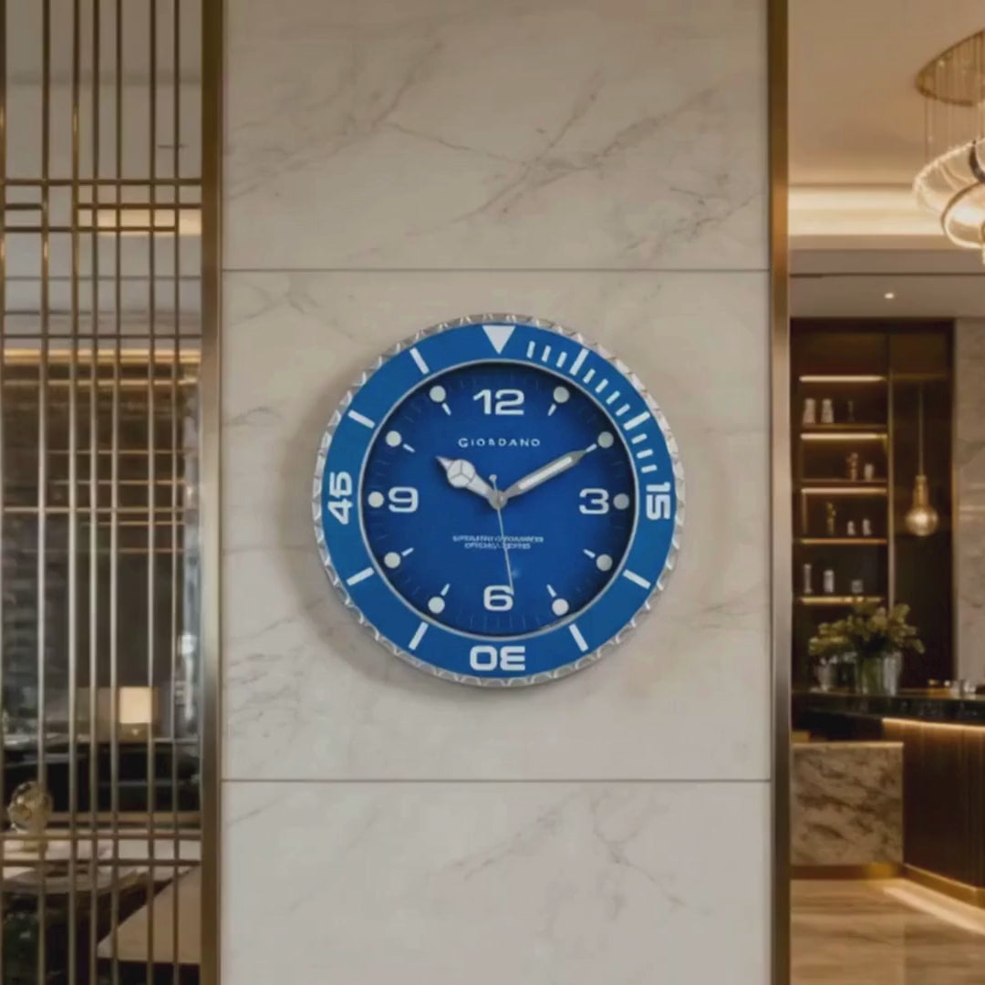 Giordano Wall Clock, Silent Sweep Non-Ticking Quartz Movement, Blue Dial, Blue Diver Style Bezel, Plastic Frame - GDCLTM2026BLU