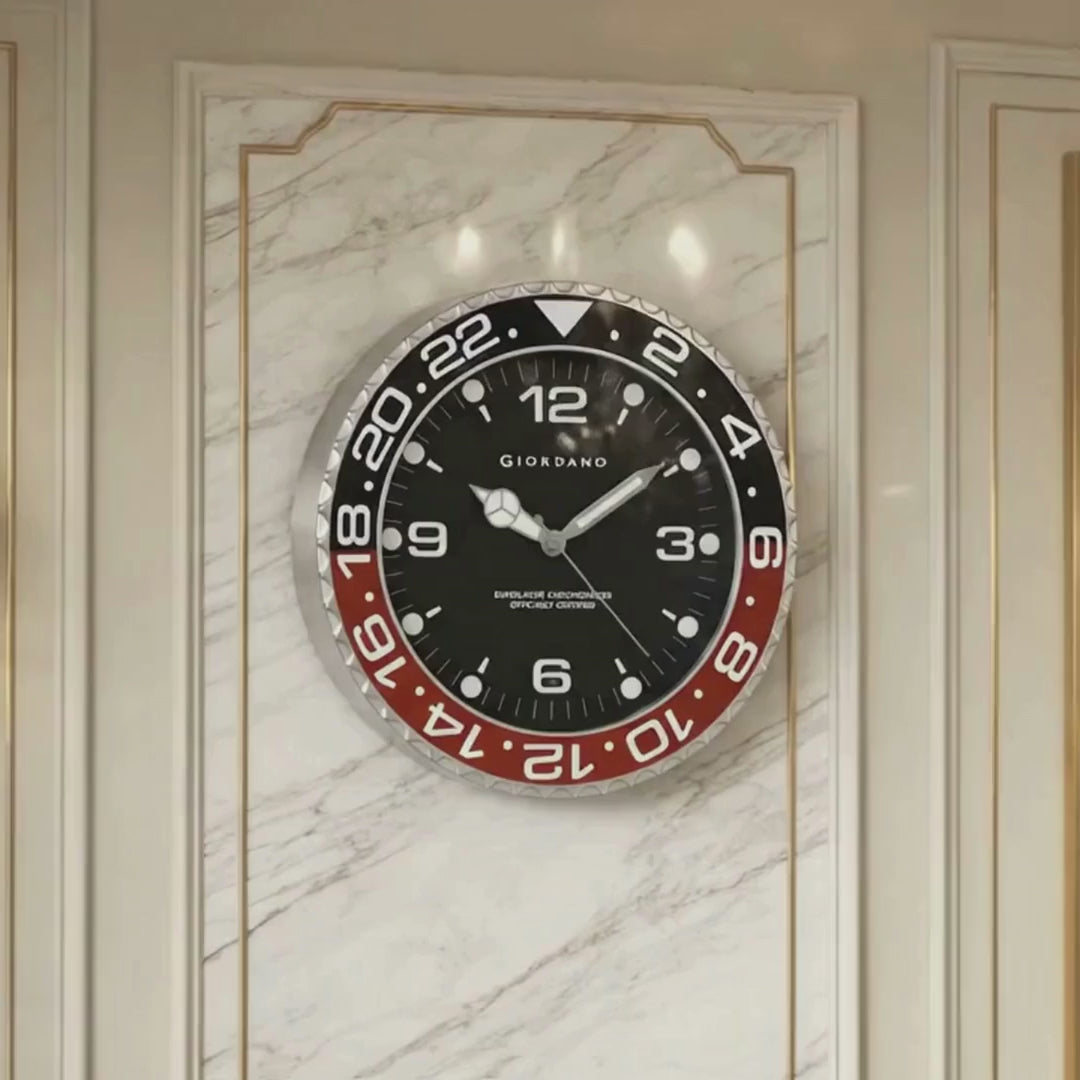 Giordano Wall Clock, Silent Sweep Non-Ticking Quartz Movement, Black Dial, Red & Black Diver Style Bezel, Plastic Frame - GDCLTM2026BLKRD