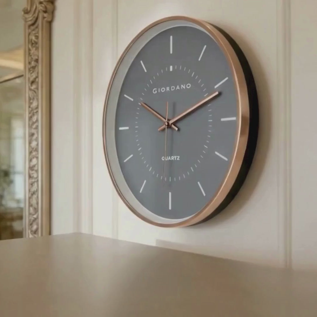 Giordano Wall Clock, Silent Sweep Non-Ticking Quartz Movement, Grey Dial, Rose Gold Oval Plastic Frame, Metal Hand - GDCLTY1001RGGRY