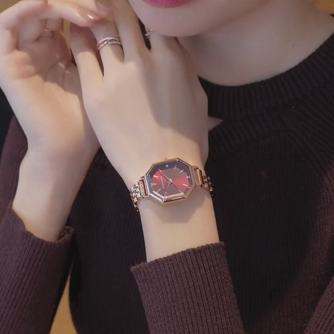 Giordano Analog Watch for Women – Classic octagonal gloss finish Dial with rose gold stainless steel strap | GZ-60113-11