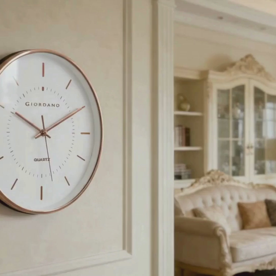 Giordano Wall Clock, Silent Sweep Non-Ticking Quartz Movement, White Dial, Rose Gold Oval Plastic Frame, Metal Hand - GDCLTY1001RGWHT