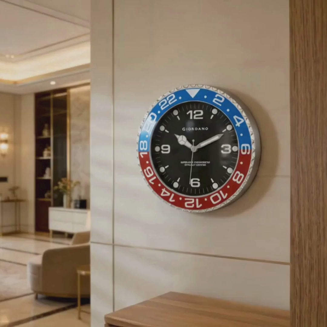 Giordano Wall Clock, Silent Sweep Non-Ticking Quartz Movement, Black Dial, Blue & Black Diver Style Bezel, Plastic Frame - GDCLTM2026BLRD
