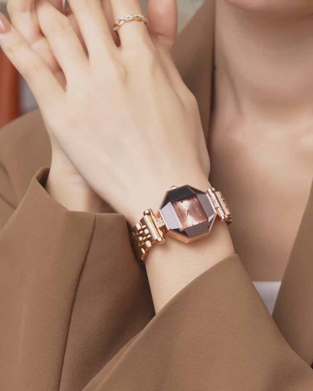 Giordano Dress Watch for Women – Rose Gold Finish, Diamond Accented Octagonal Dial & Stainless Steel Strap | GZ-60096-22