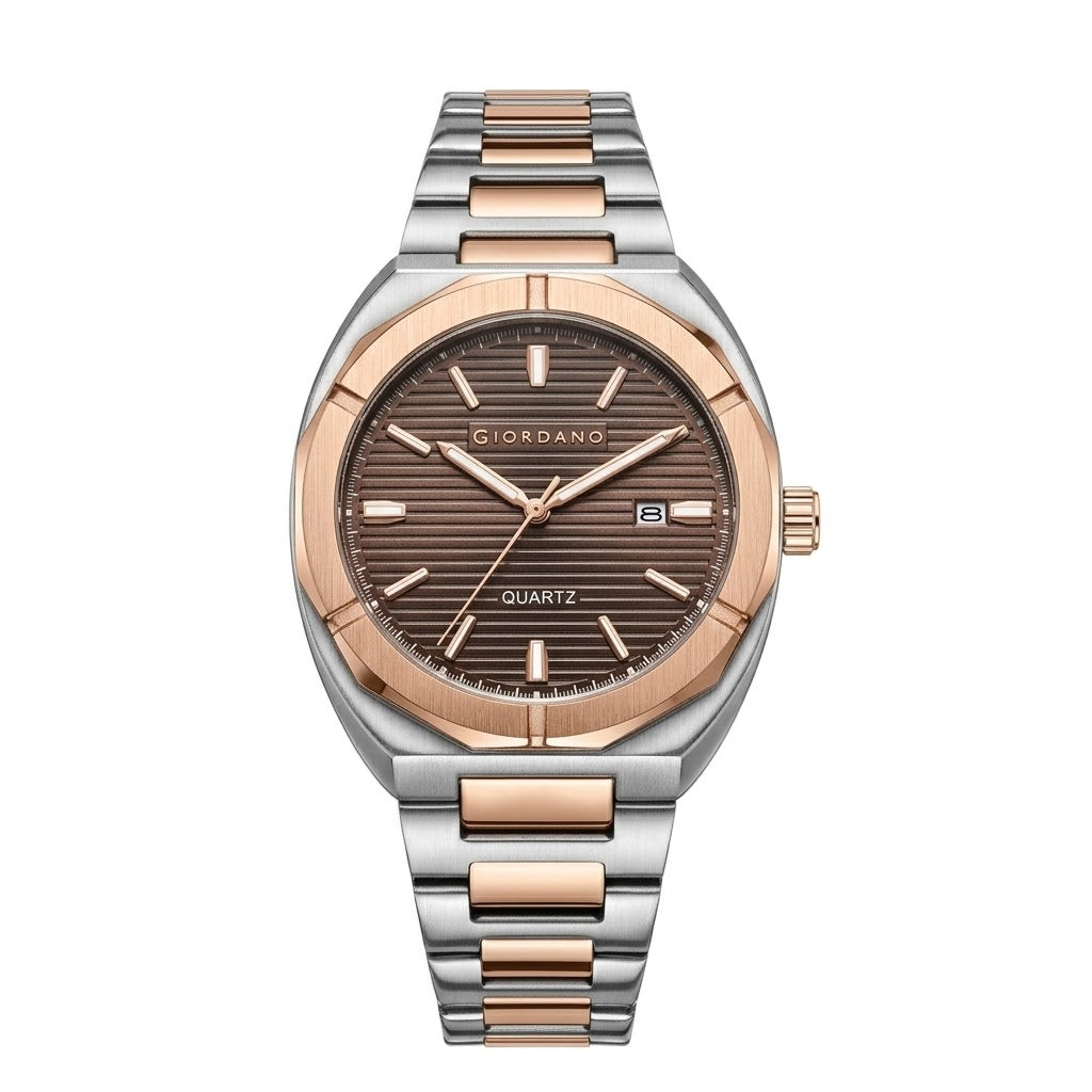 Giordano Modern Watch for Men – Round Brown Textured Dial, Date Display and Stainless Steel Strap - GZ-50141-66