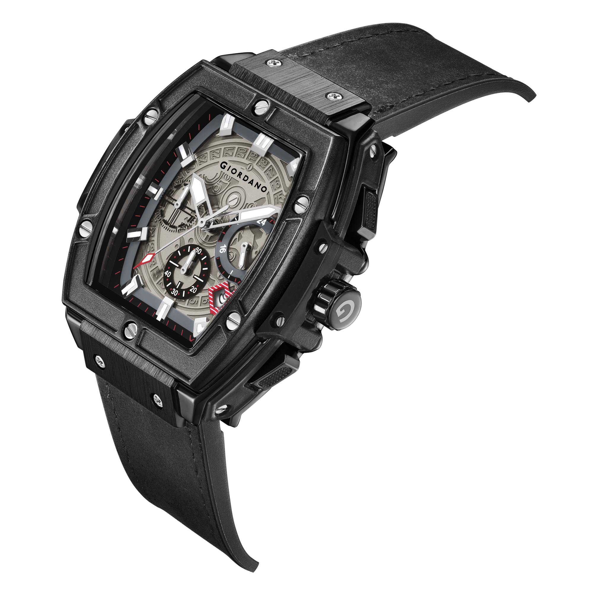 Giordano Terminator Men's Black Leather Multifunction Watch - with Day, Date, and 24-Hour Sub-Dials | Water Resistant Square Dial Unique Design Wrist Watch for Man | GZ-50098-03