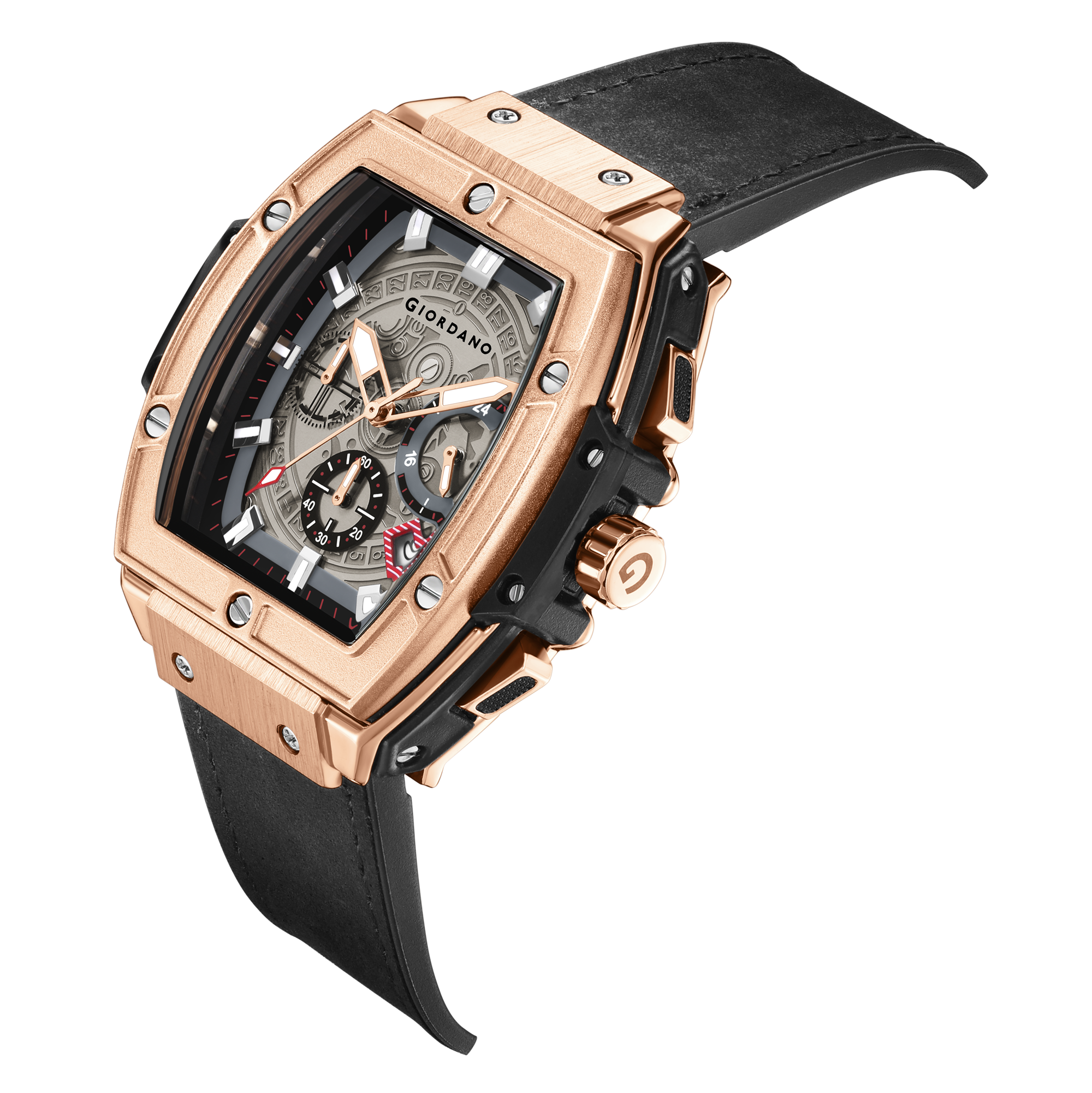 जिओडैनो टर्मिनेटर पुरुषों की रोज़ गोल्ड लेदर मल्टीफंक्शन वॉच - डे, डेट और 24-घंटे सब-डायल के साथ | पुरुषों के लिए वाटर रेसिस्टेंट स्क्वायर डायल यूनिक डिज़ाइन रिस्ट वॉच | GZ-50098-02